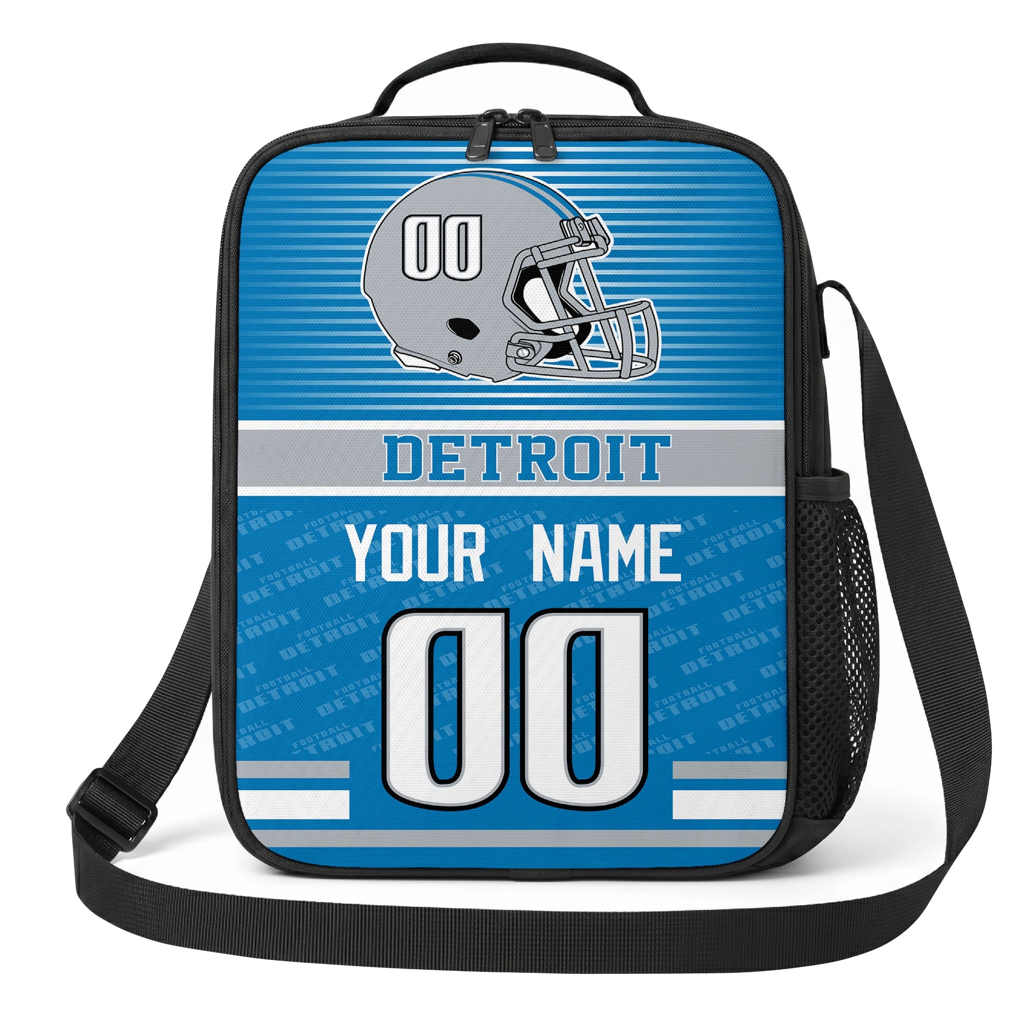 Detroit blue light blue and white striped helmet football shoulder bag alternate angled view with side mesh pocket top handle and shoulder strap
