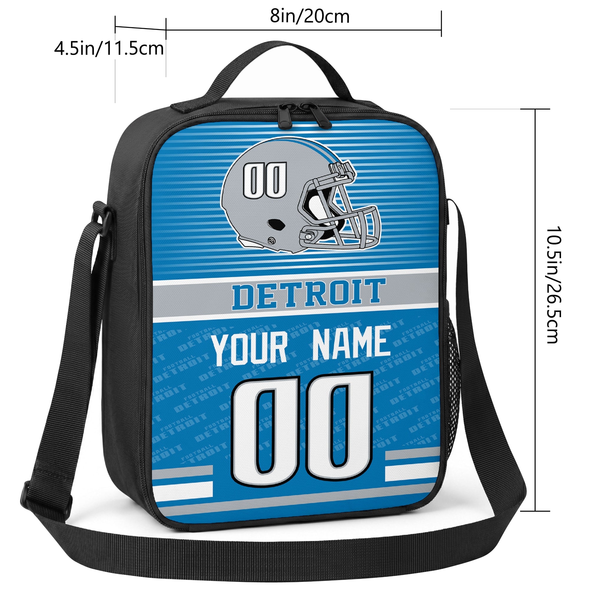 Detroit striped helmet football shoulder bag size guide showing 8 inch width 4.5 inch depth and 10.5 inch height