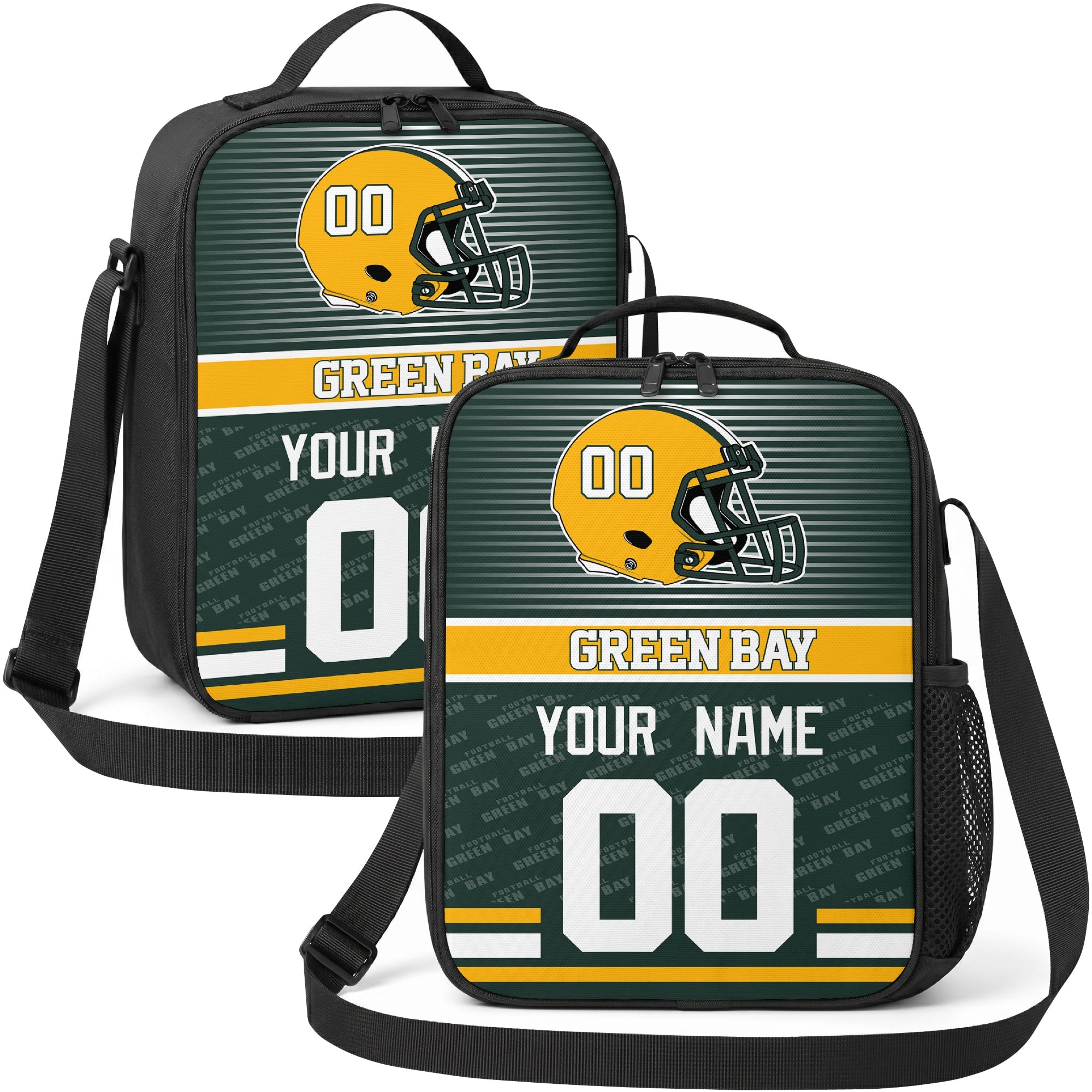 Green Bay personalized striped helmet football shoulder bag in dark green gold and white showing front and angled views with custom name and number