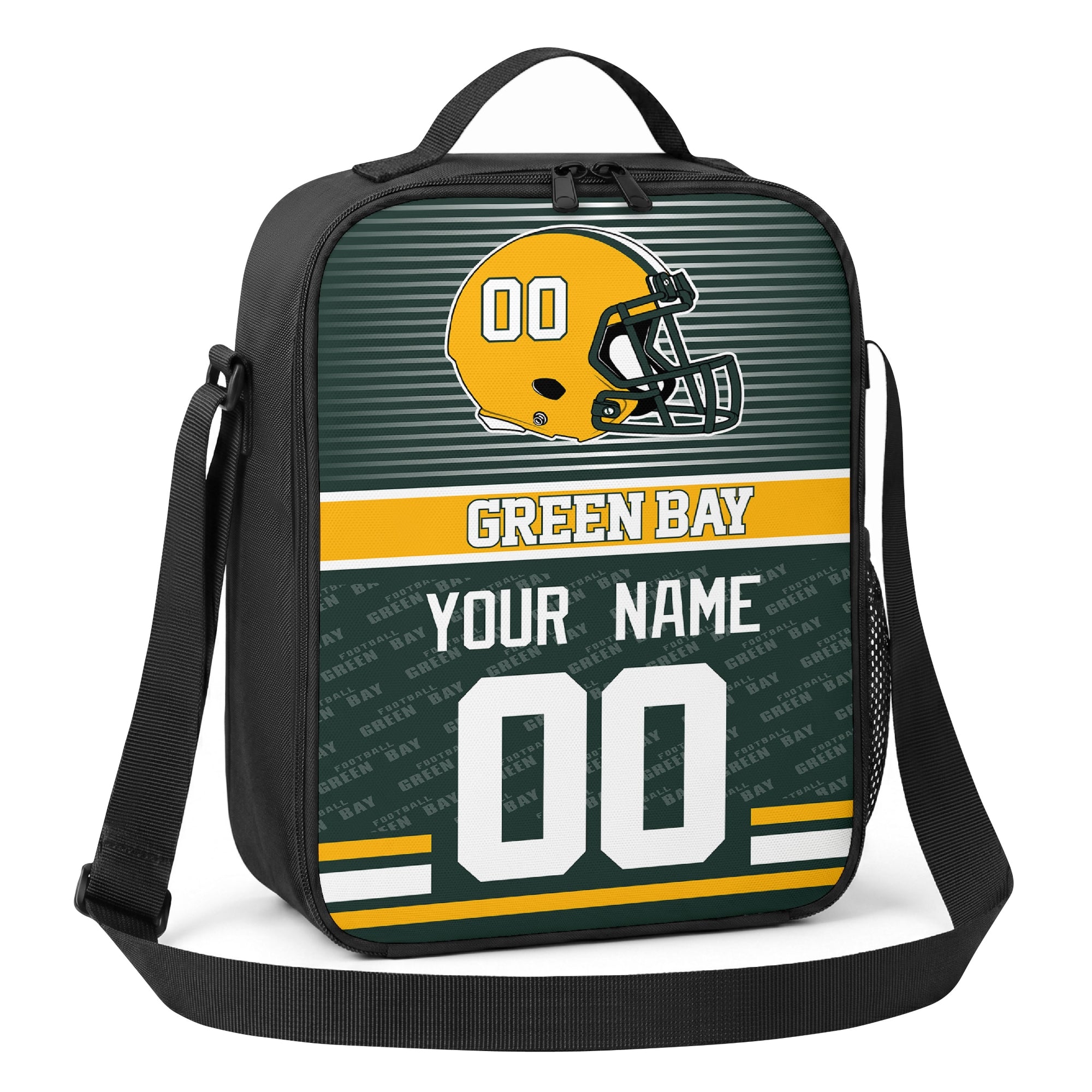 Green Bay dark green gold and white striped helmet football shoulder bag angled front view with city stripe and custom name number