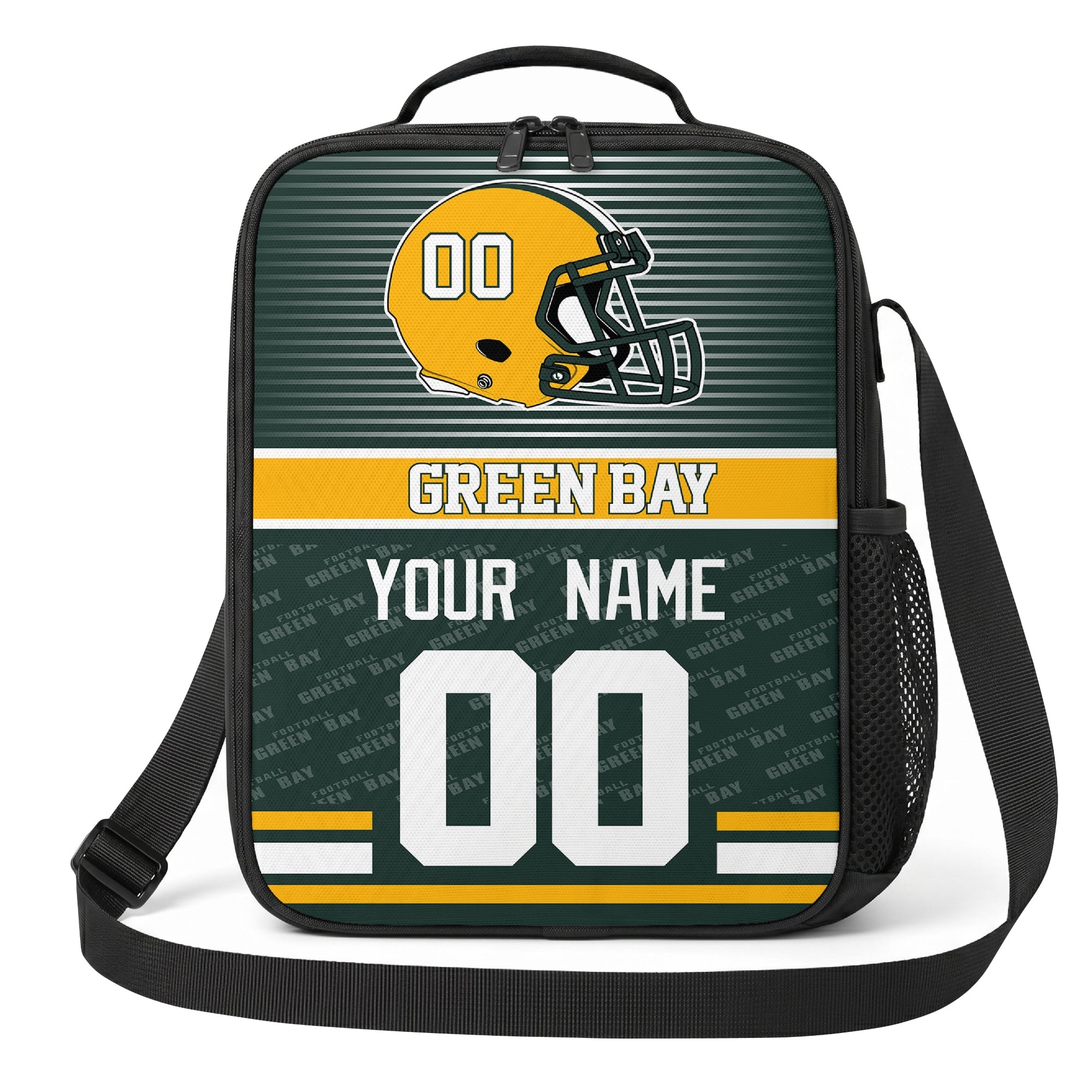 Green Bay dark green gold and white striped helmet football shoulder bag alternate angled view with side mesh pocket top handle and shoulder strap