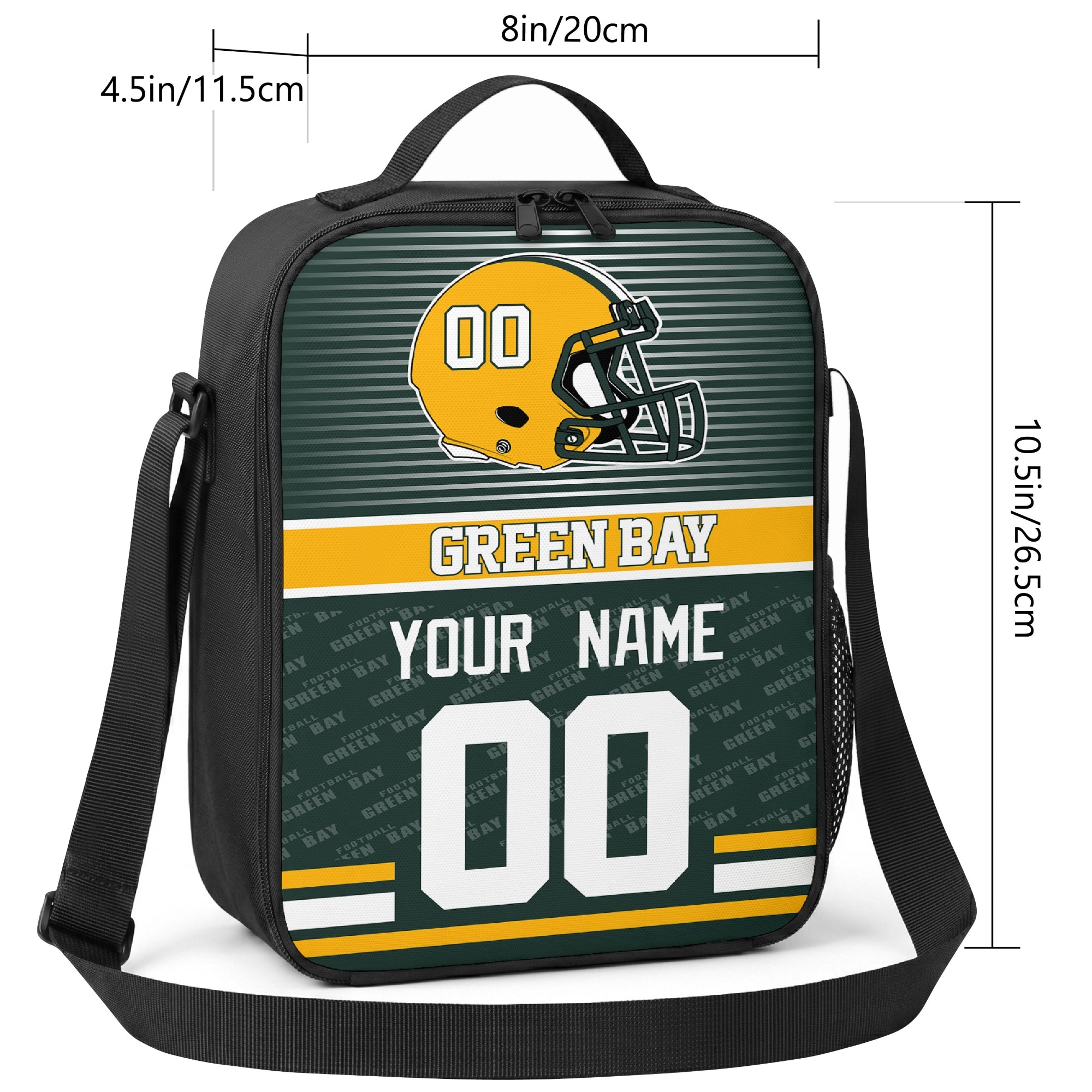 Green Bay striped helmet football shoulder bag size guide showing 8 inch width 4.5 inch depth and 10.5 inch height