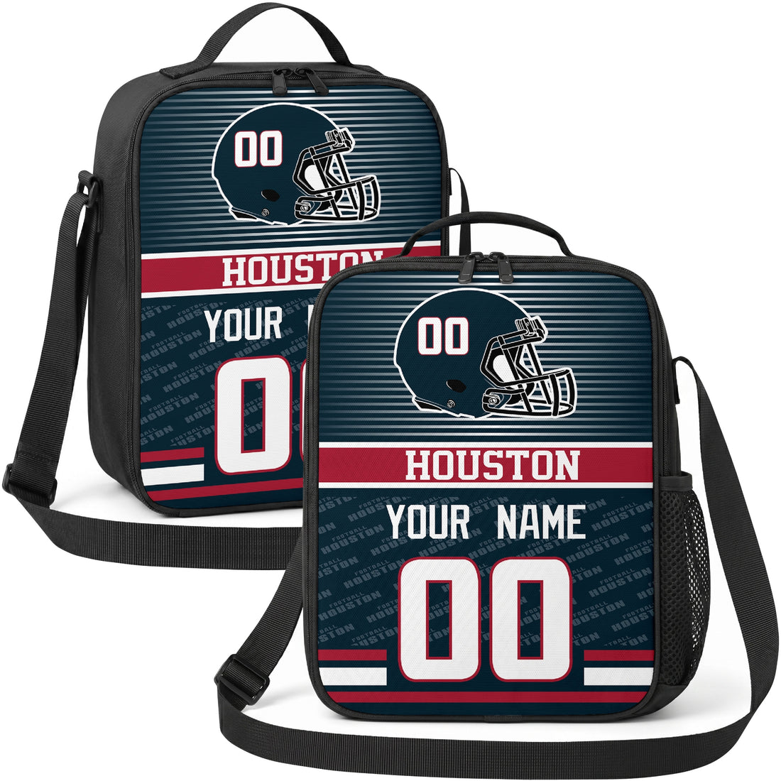 Houston personalized striped helmet football shoulder bag in navy red and white showing front and angled views with custom name and number