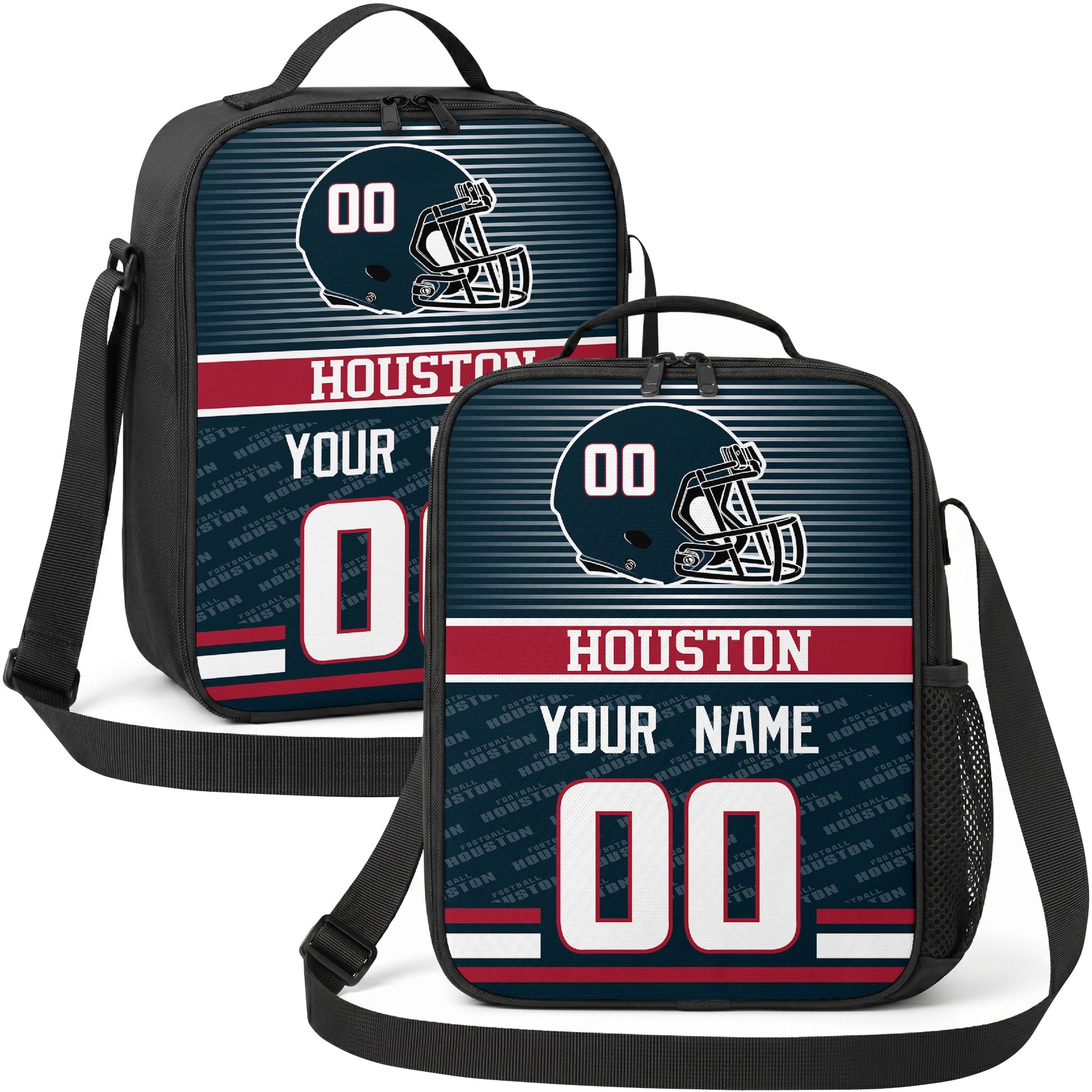 Houston personalized striped helmet football shoulder bag in navy red and white showing front and angled views with custom name and number