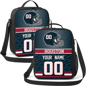 Houston personalized striped helmet football shoulder bag in navy red and white showing front and angled views with custom name and number