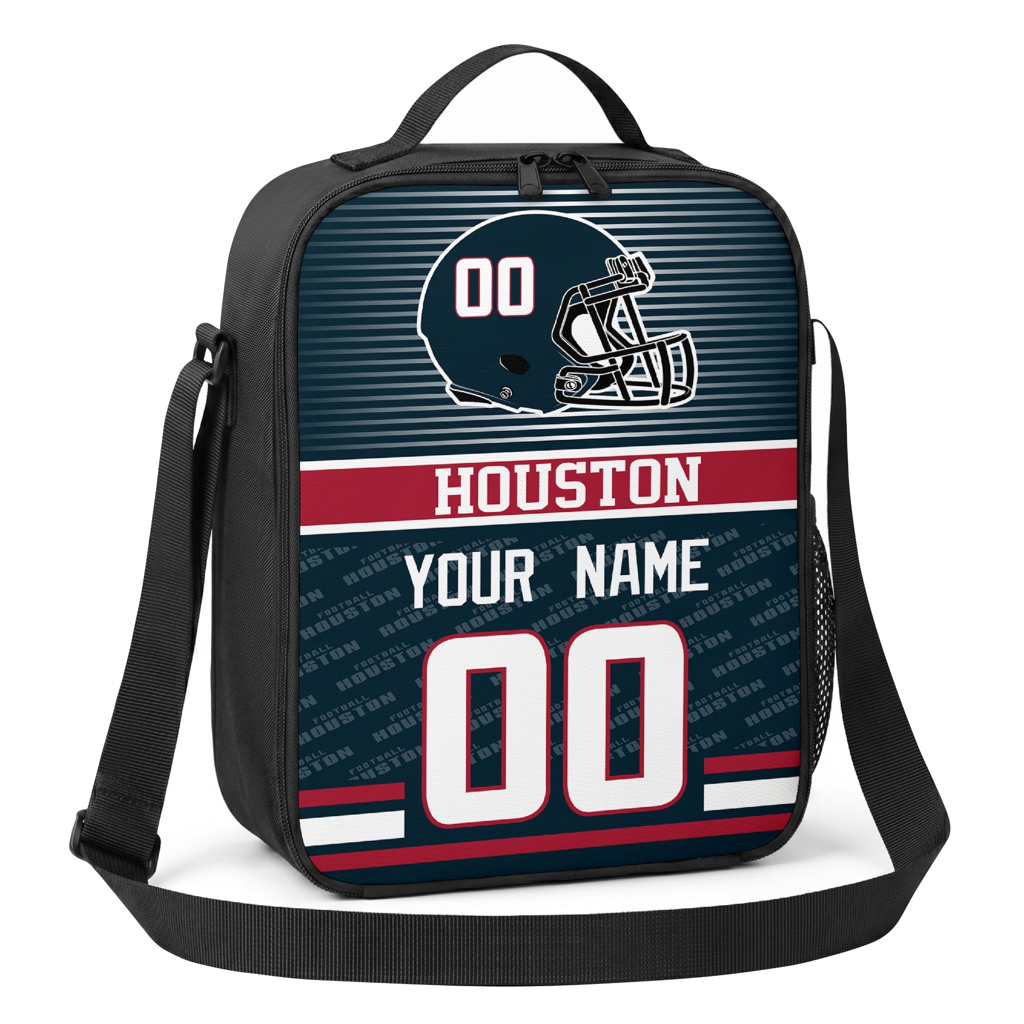 Houston navy red and white striped helmet football shoulder bag angled front view with city stripe and custom name number