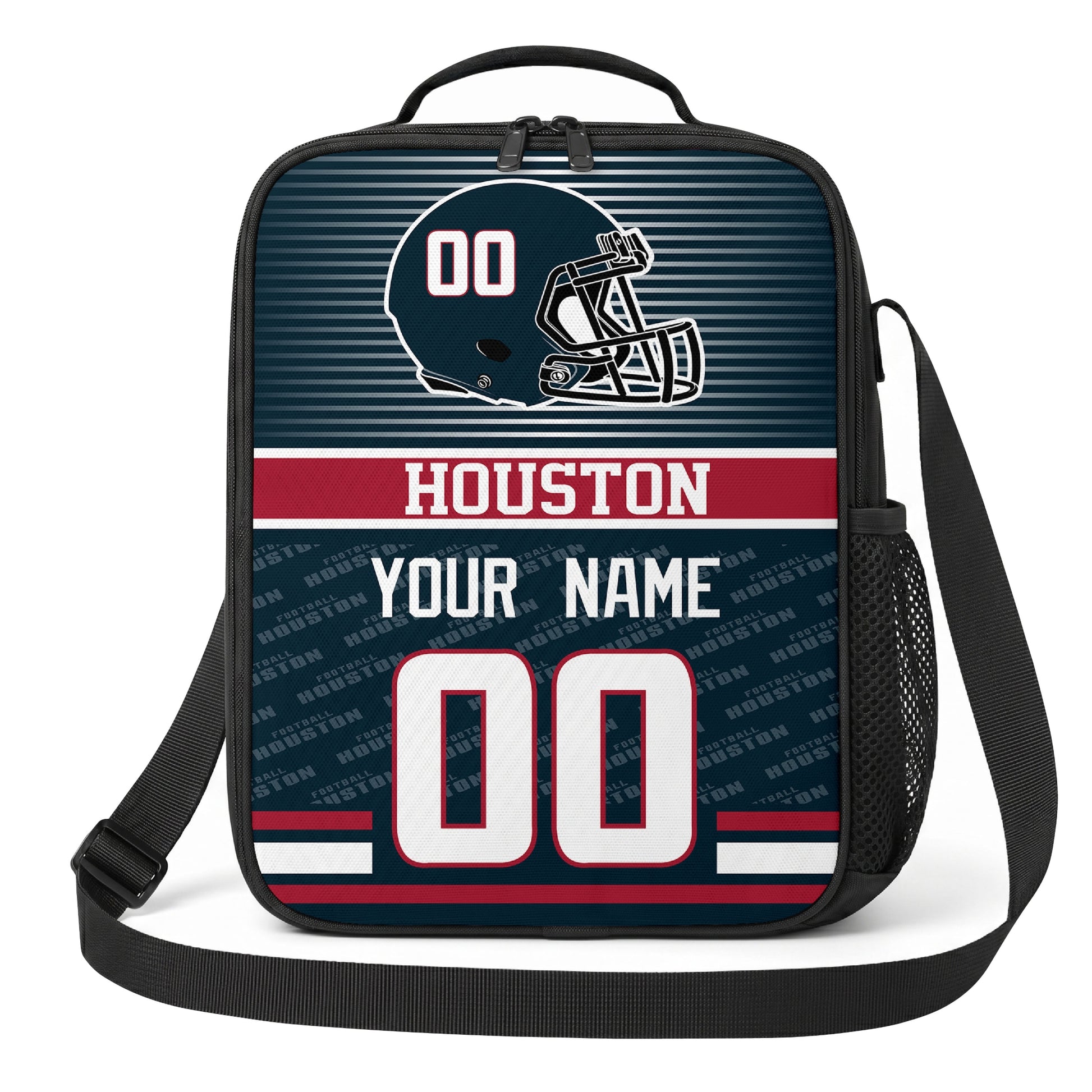 Houston navy red and white striped helmet football shoulder bag alternate angled view with side mesh pocket top handle and shoulder strap