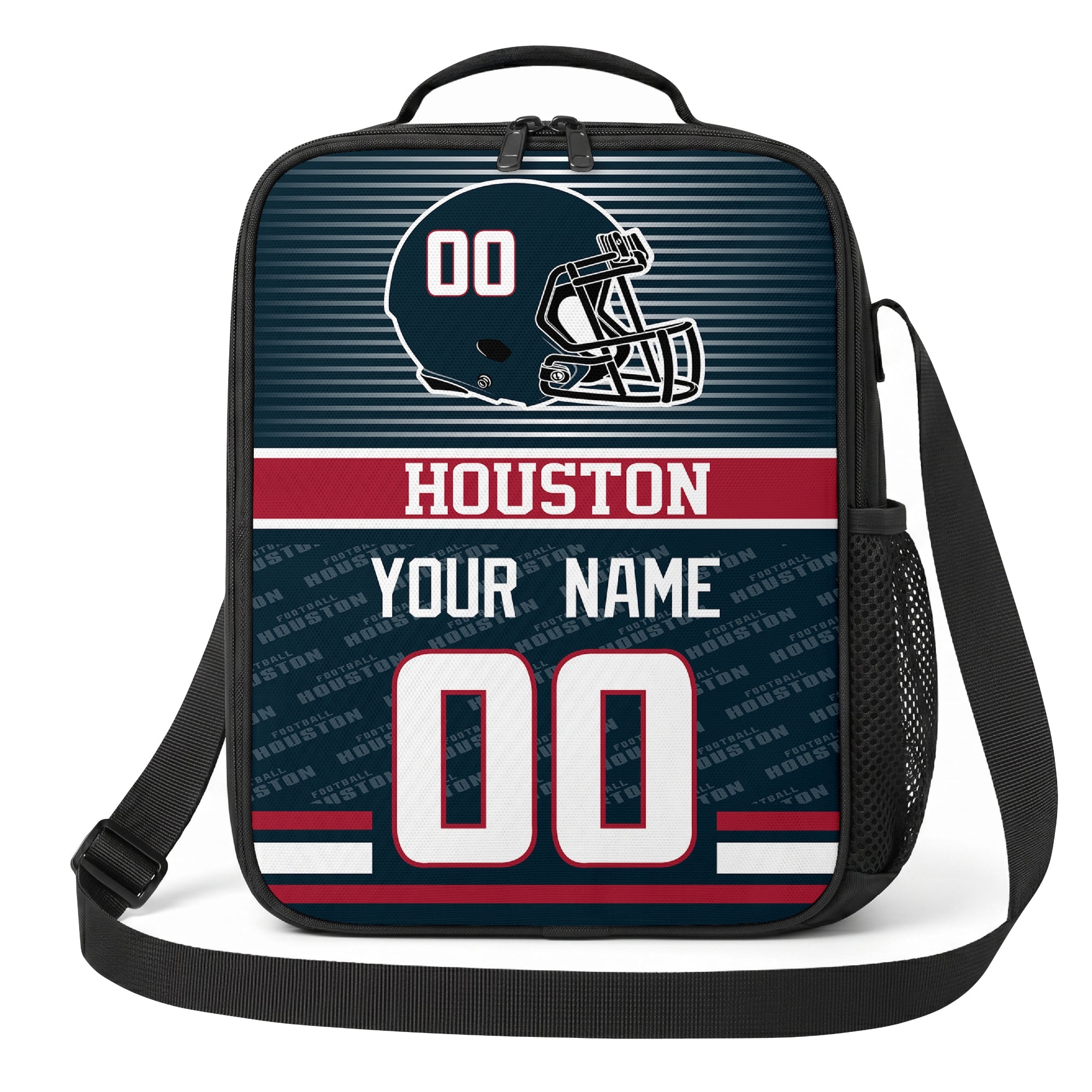 Houston navy red and white striped helmet football shoulder bag alternate angled view with side mesh pocket top handle and shoulder strap