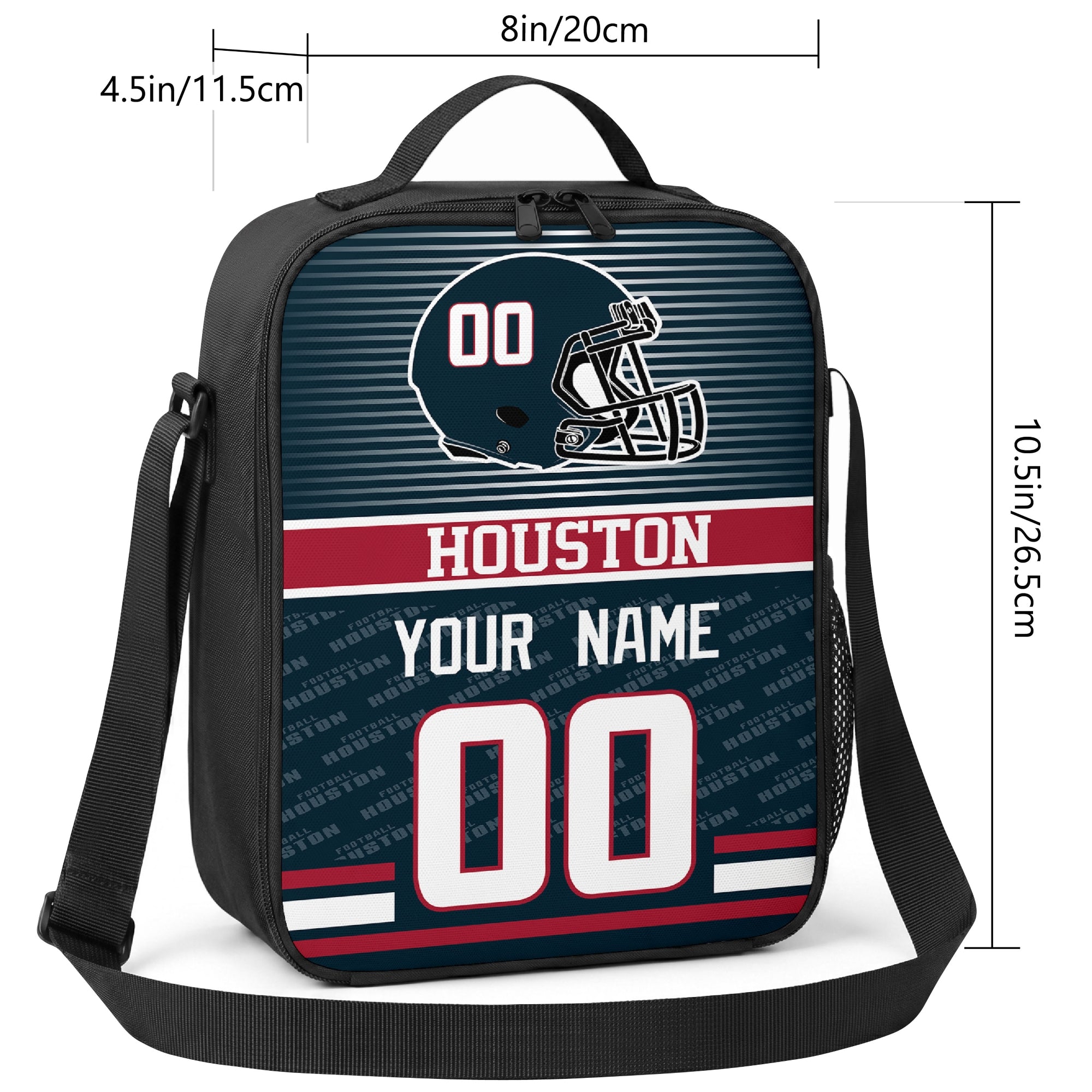 Houston striped helmet football shoulder bag size guide showing 8 inch width 4.5 inch depth and 10.5 inch height