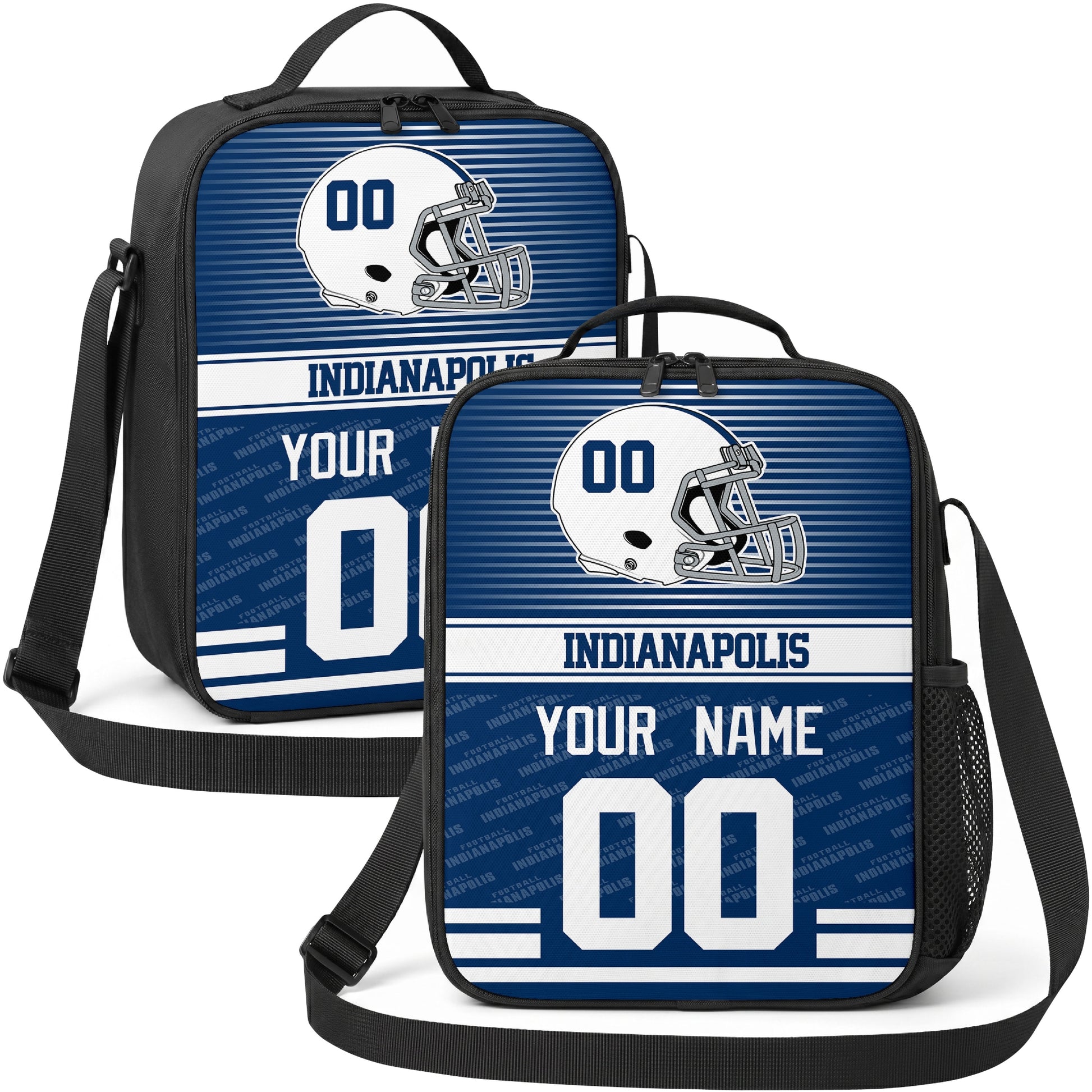 Indianapolis personalized striped helmet football shoulder bag in royal blue and white showing front and angled views with custom name and number