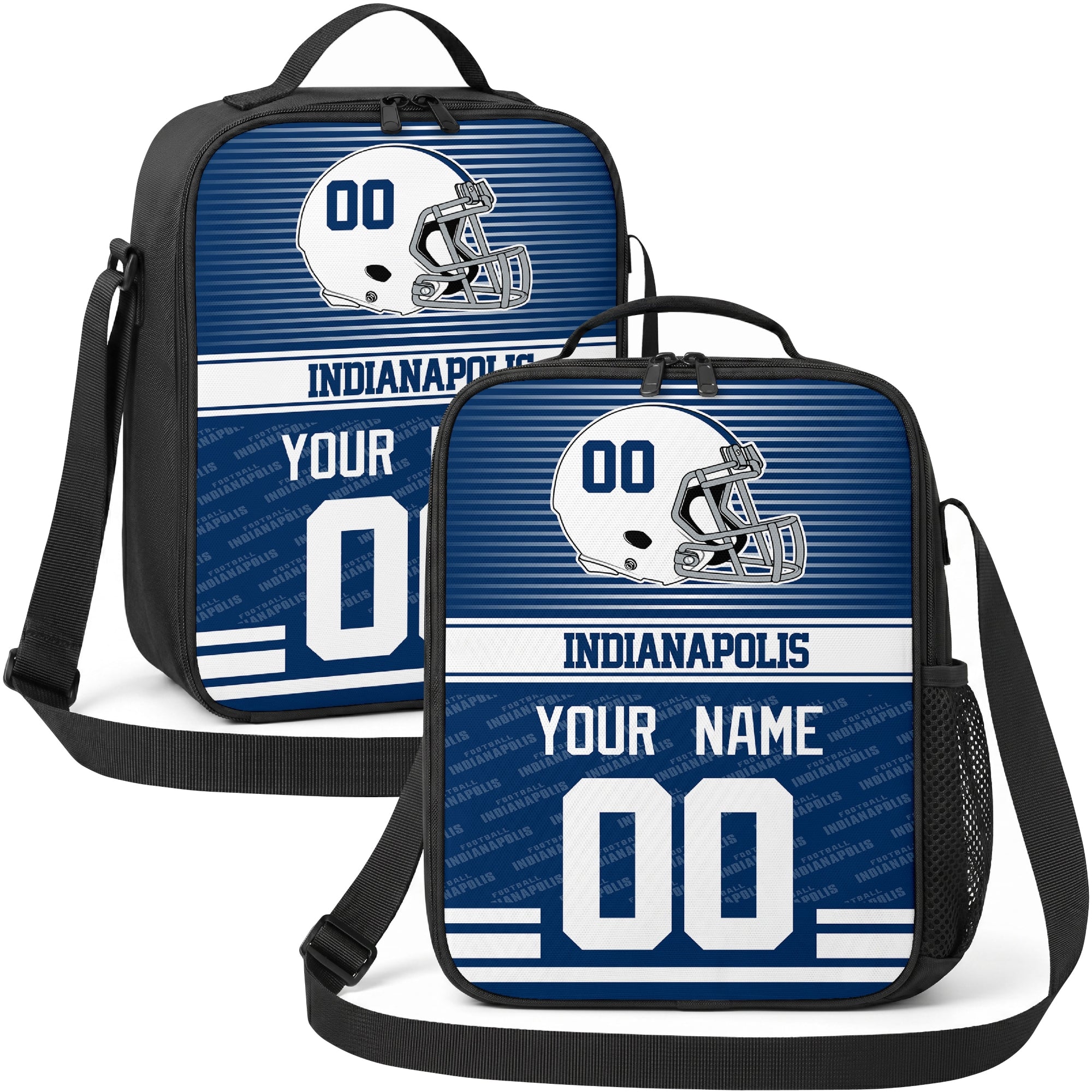 Indianapolis personalized striped helmet football shoulder bag in royal blue and white showing front and angled views with custom name and number