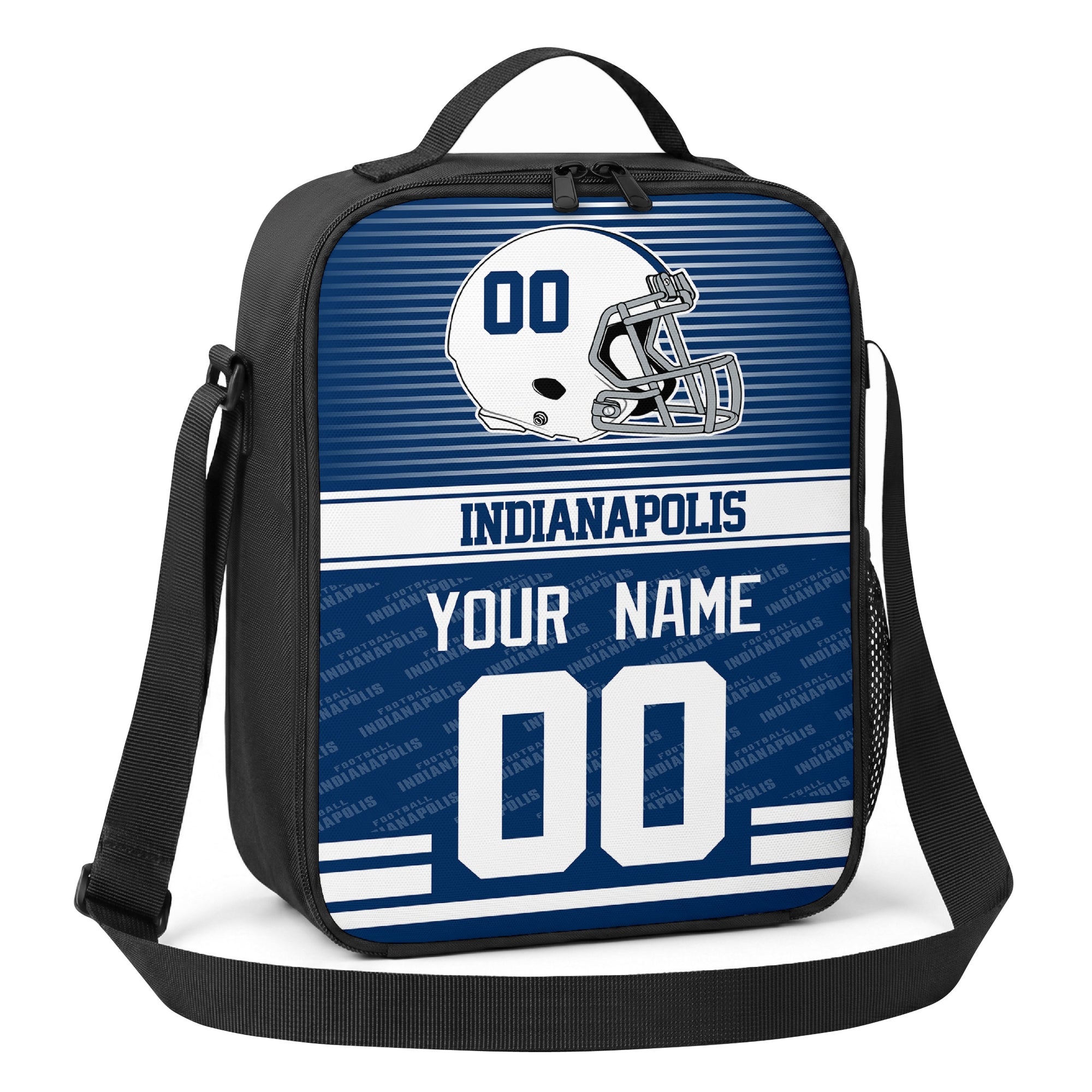 Indianapolis royal blue and white striped helmet football shoulder bag angled front view with city stripe and custom name number