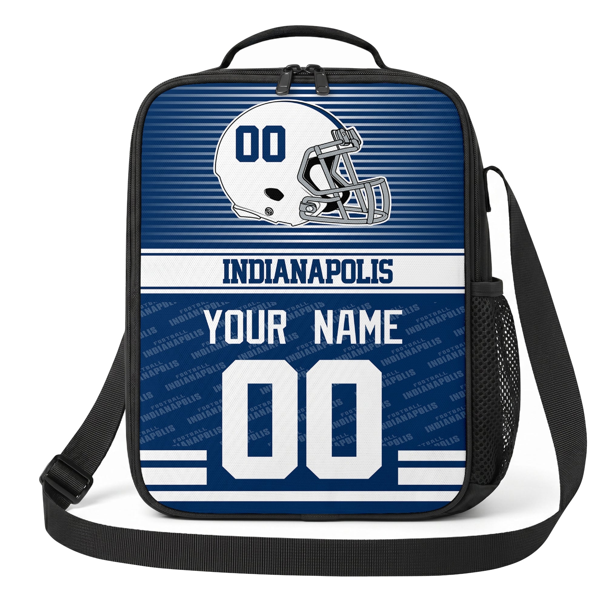 Indianapolis royal blue and white striped helmet football shoulder bag alternate angled view with side mesh pocket top handle and shoulder strap