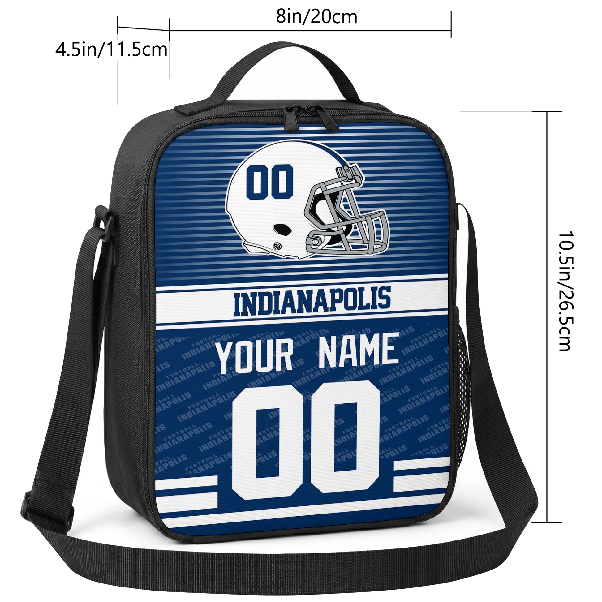 Indianapolis striped helmet football shoulder bag size guide showing 8 inch width 4.5 inch depth and 10.5 inch height