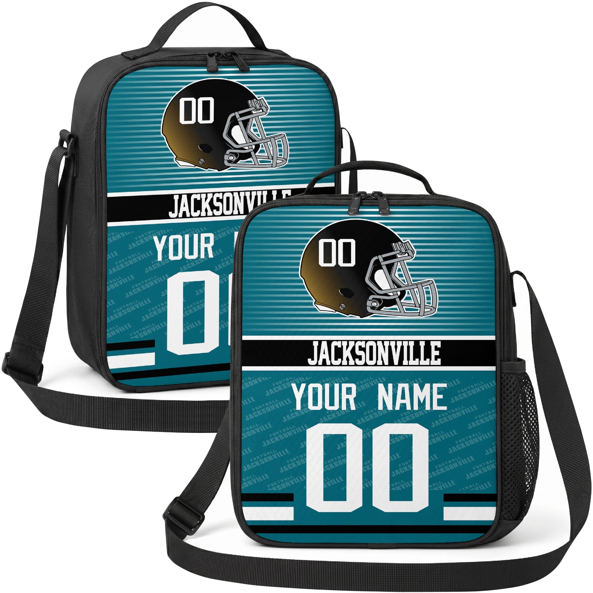 Jacksonville personalized striped helmet football shoulder bag in black teal and white showing front and angled views with custom name and number