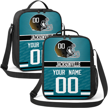 Jacksonville personalized striped helmet football shoulder bag in black teal and white showing front and angled views with custom name and number