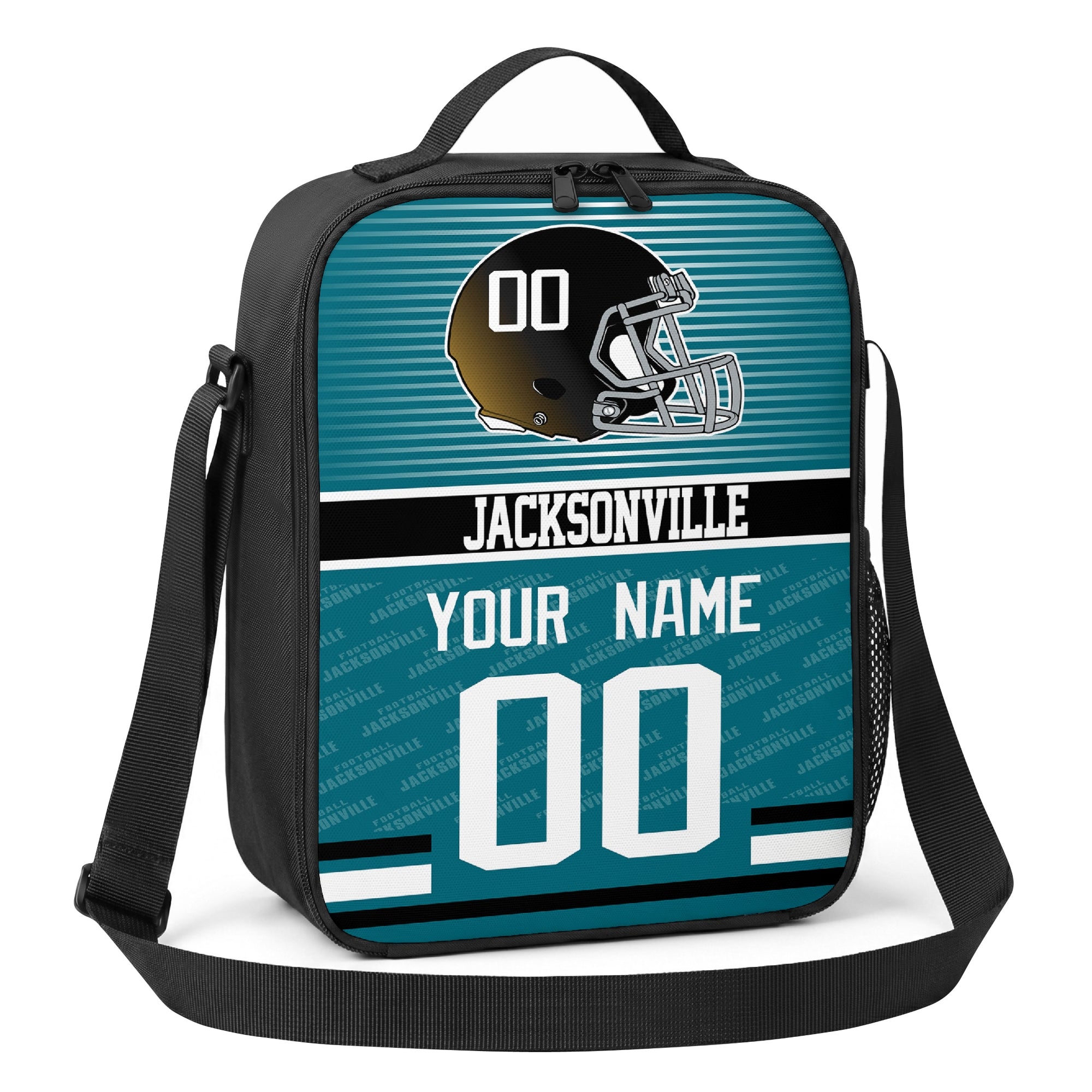 Jacksonville black teal and white striped helmet football shoulder bag angled front view with city stripe and custom name number