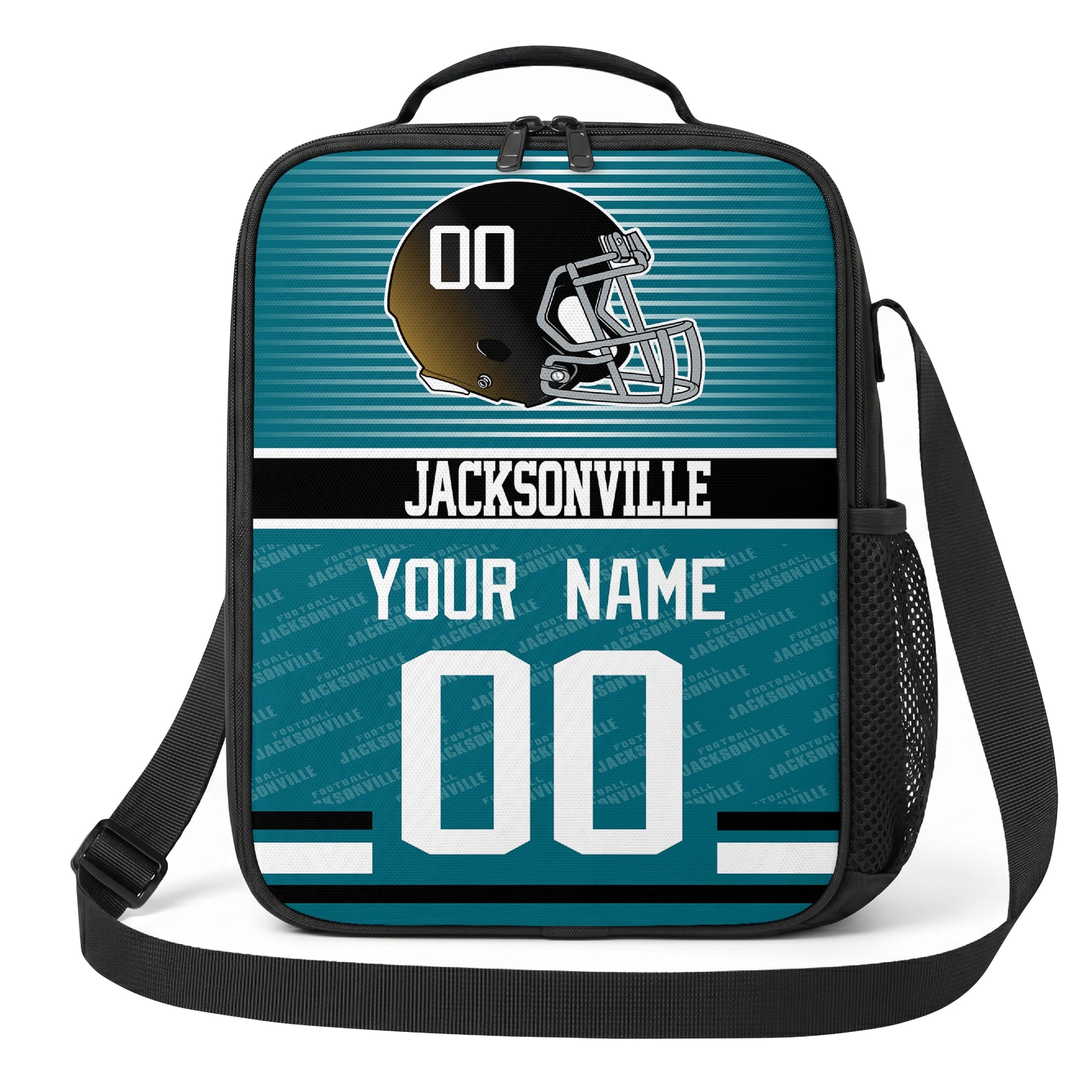 Jacksonville black teal and white striped helmet football shoulder bag alternate angled view with side mesh pocket top handle and shoulder strap