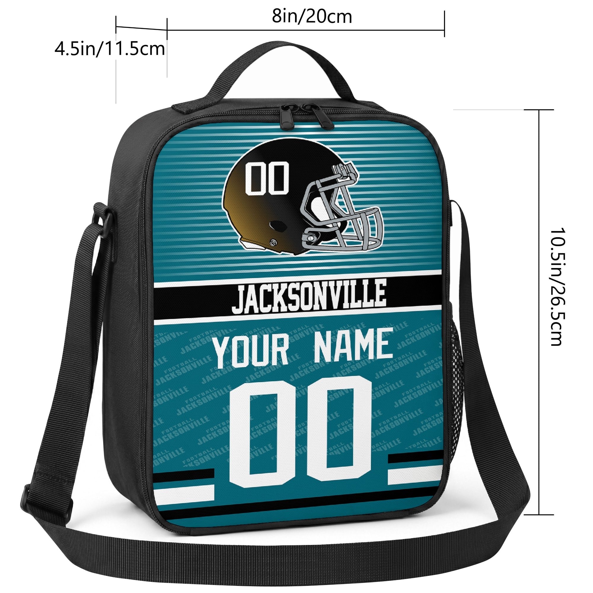 Jacksonville striped helmet football shoulder bag size guide showing 8 inch width 4.5 inch depth and 10.5 inch height