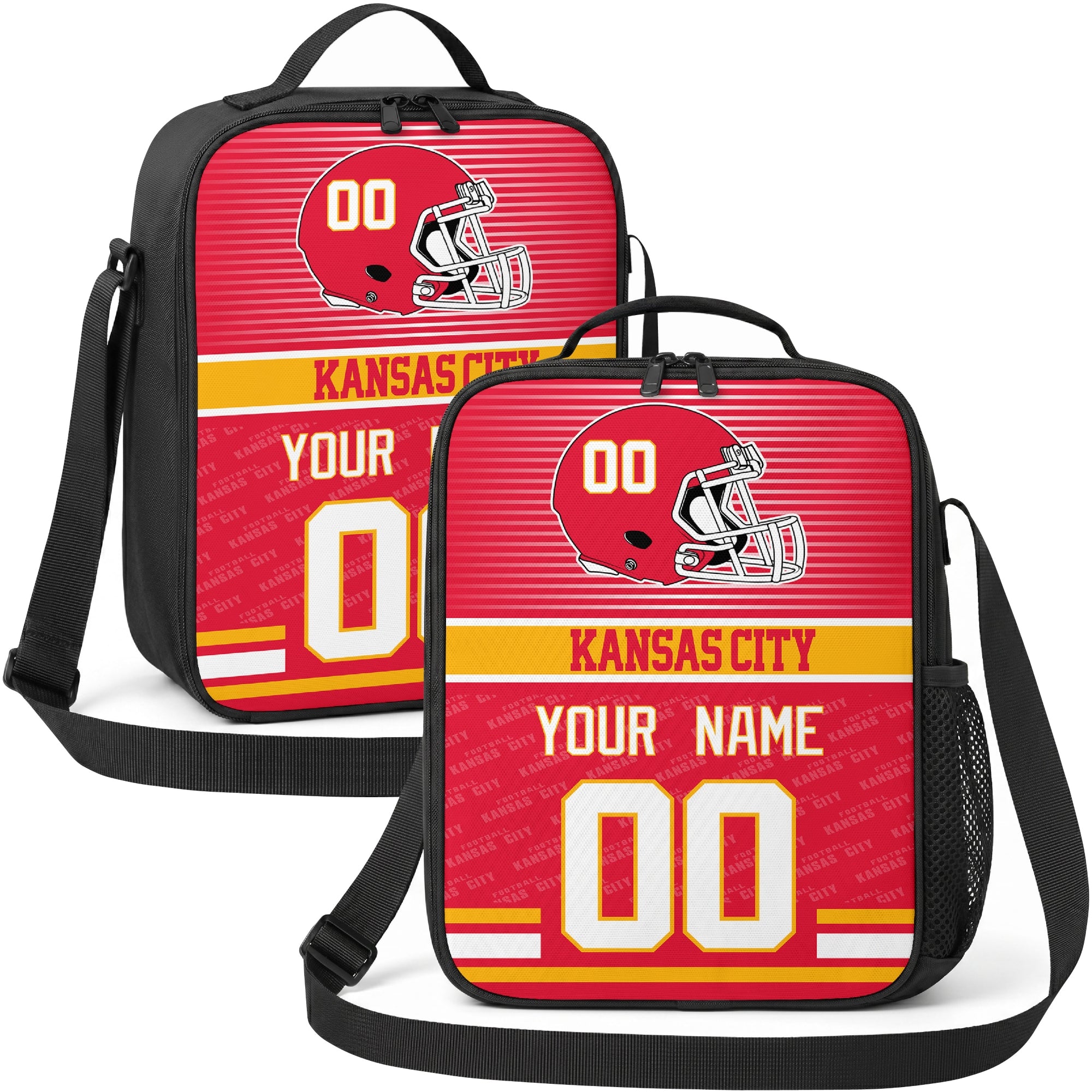 Kansas City personalized striped helmet football shoulder bag in red gold and white showing front and angled views with custom name and number