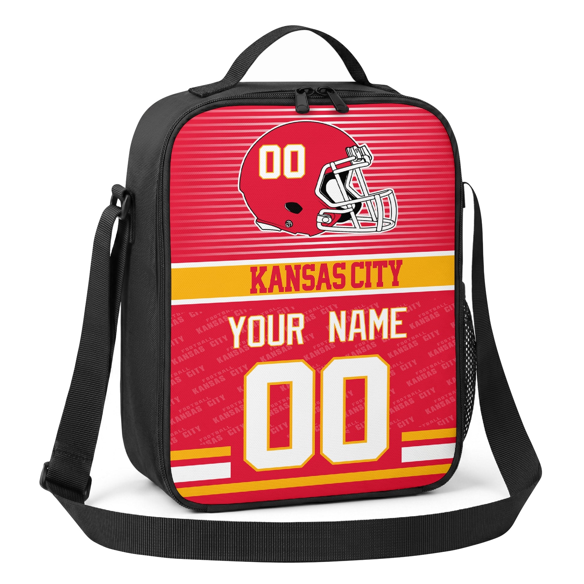 Kansas City red gold and white striped helmet football shoulder bag angled front view with city stripe and custom name number