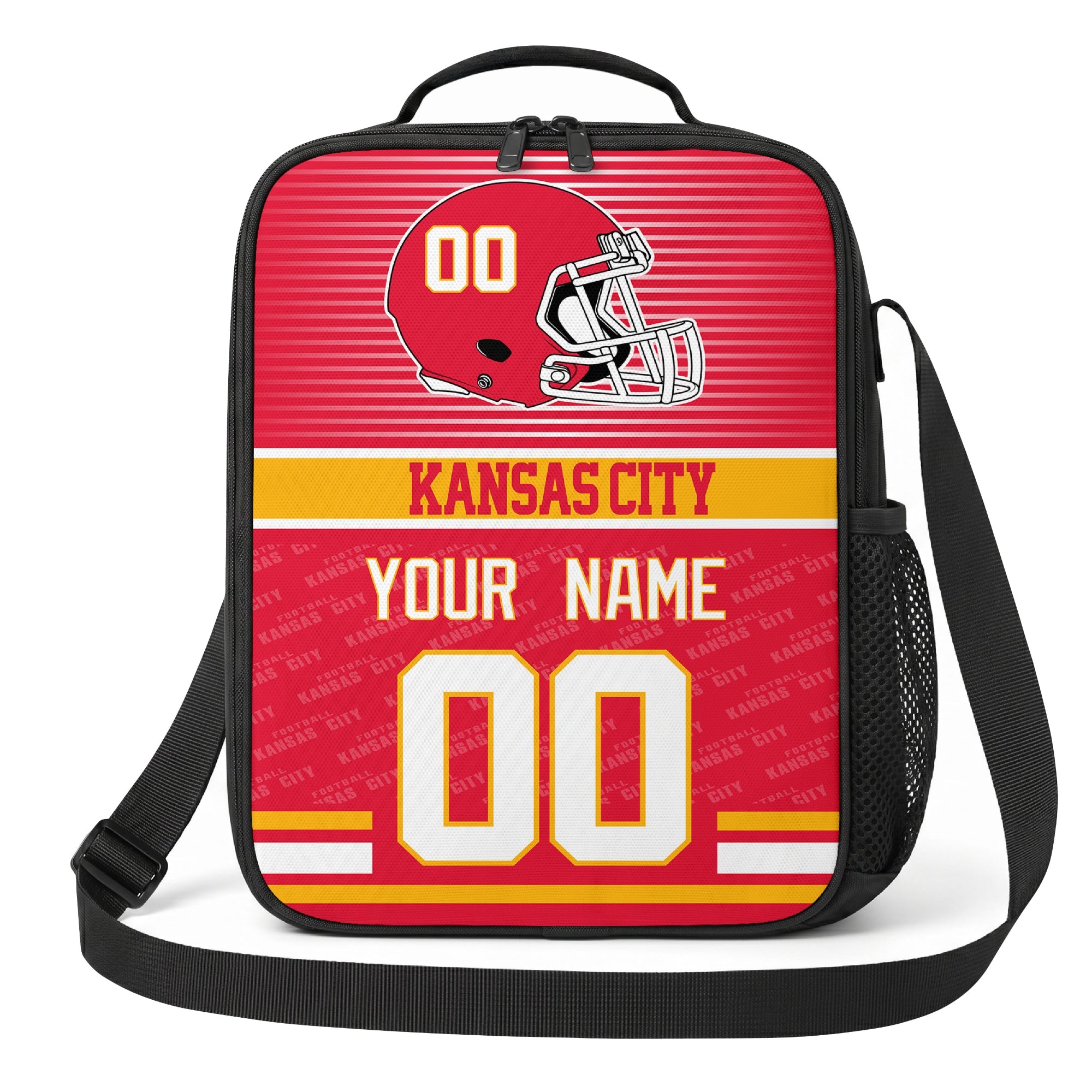 Kansas City red gold and white striped helmet football shoulder bag alternate angled view with side mesh pocket top handle and shoulder strap