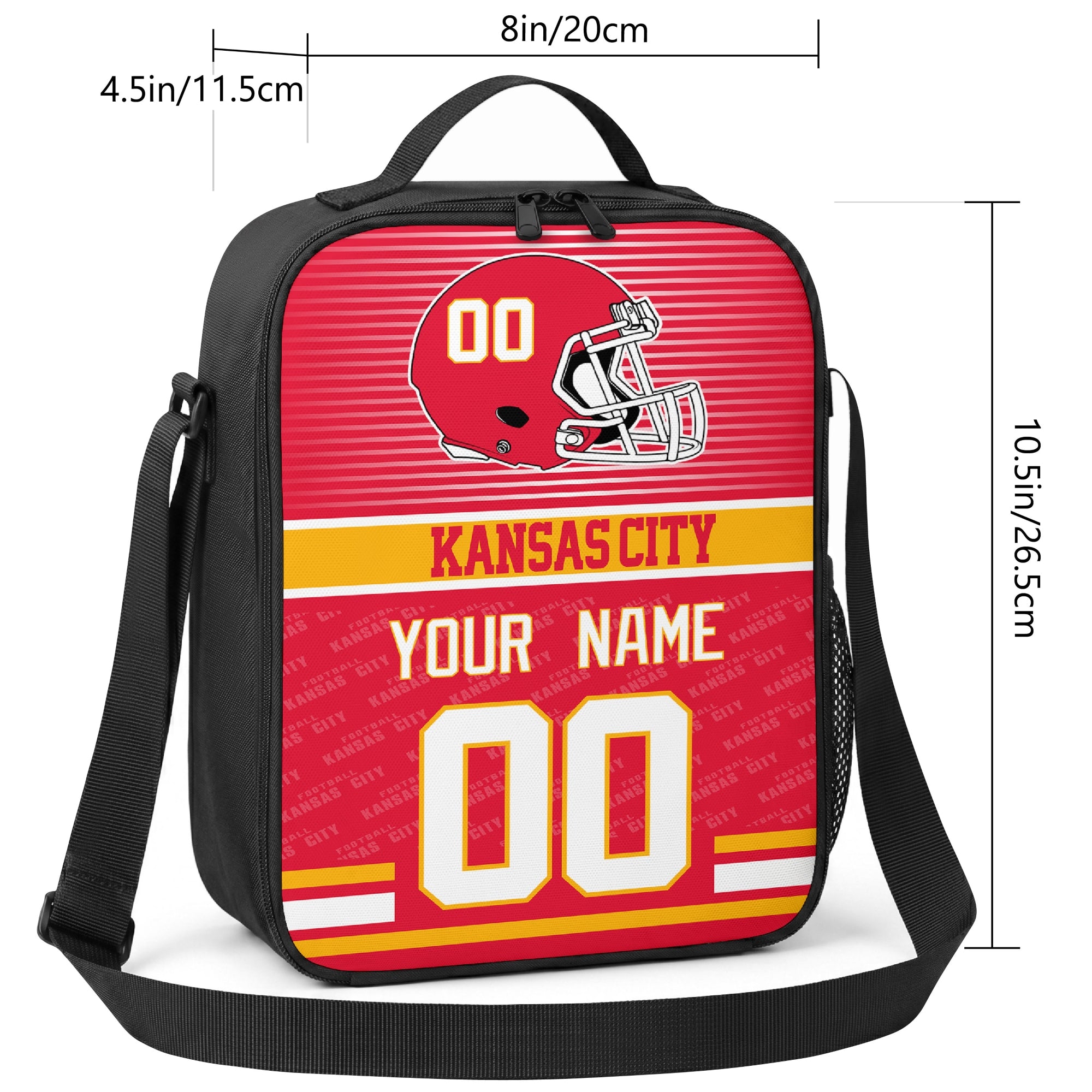 Kansas City striped helmet football shoulder bag size guide showing 8 inch width 4.5 inch depth and 10.5 inch height