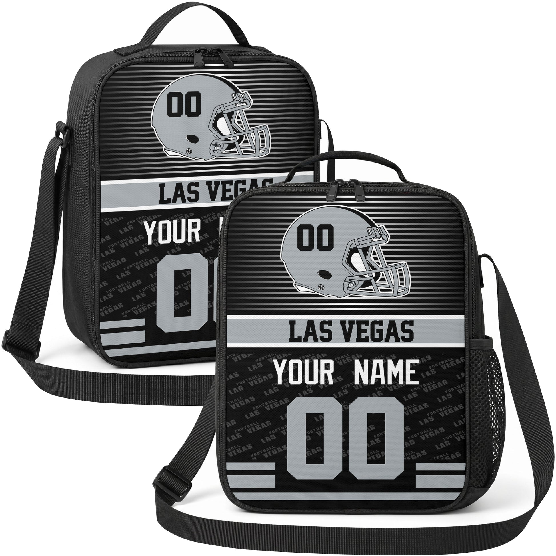 Las Vegas personalized striped helmet football shoulder bag in black gray and white showing front and angled views with custom name and number