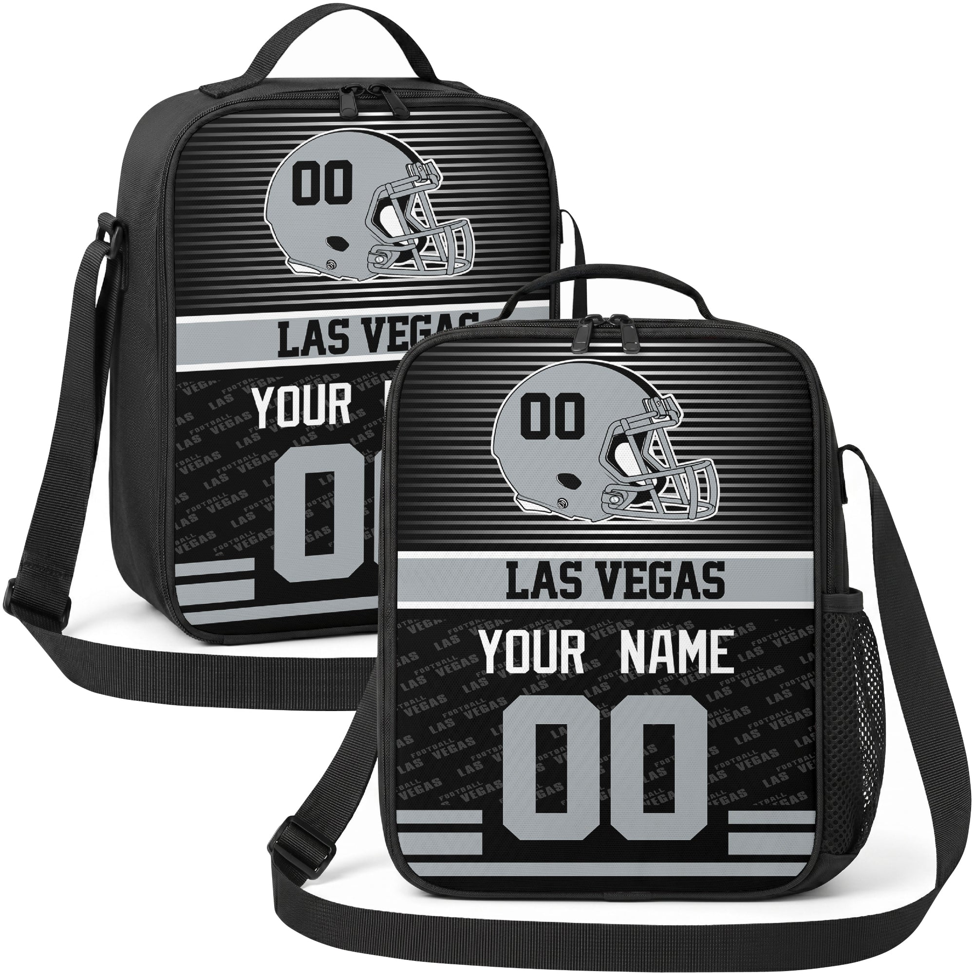 Las Vegas personalized striped helmet football shoulder bag in black gray and white showing front and angled views with custom name and number