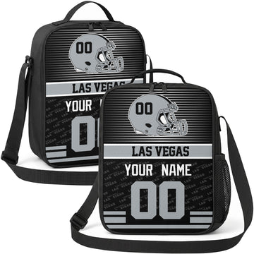 Las Vegas personalized striped helmet football shoulder bag in black gray and white showing front and angled views with custom name and number