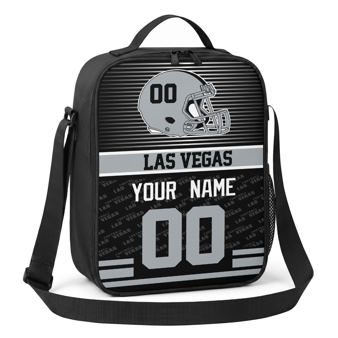 Las Vegas personalized striped helmet football shoulder bag in black gray and white showing front and angled views with custom name and number