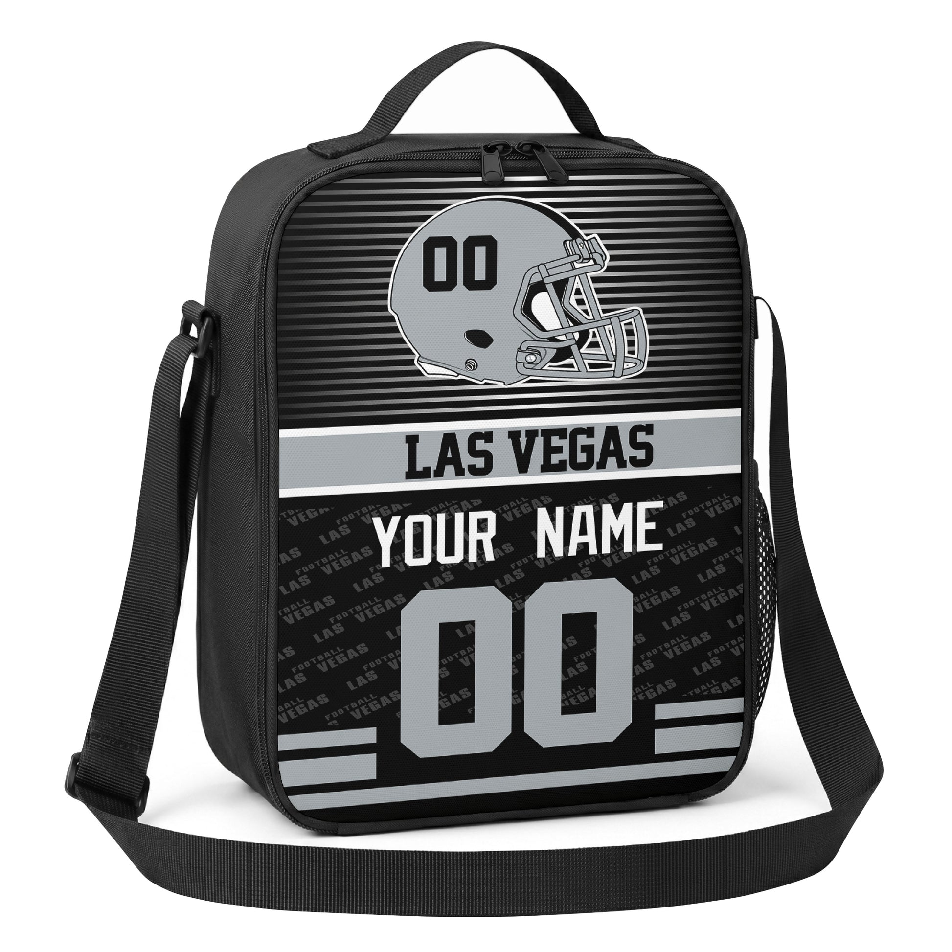 Las Vegas black gray and white striped helmet football shoulder bag angled front view with city stripe and custom name number