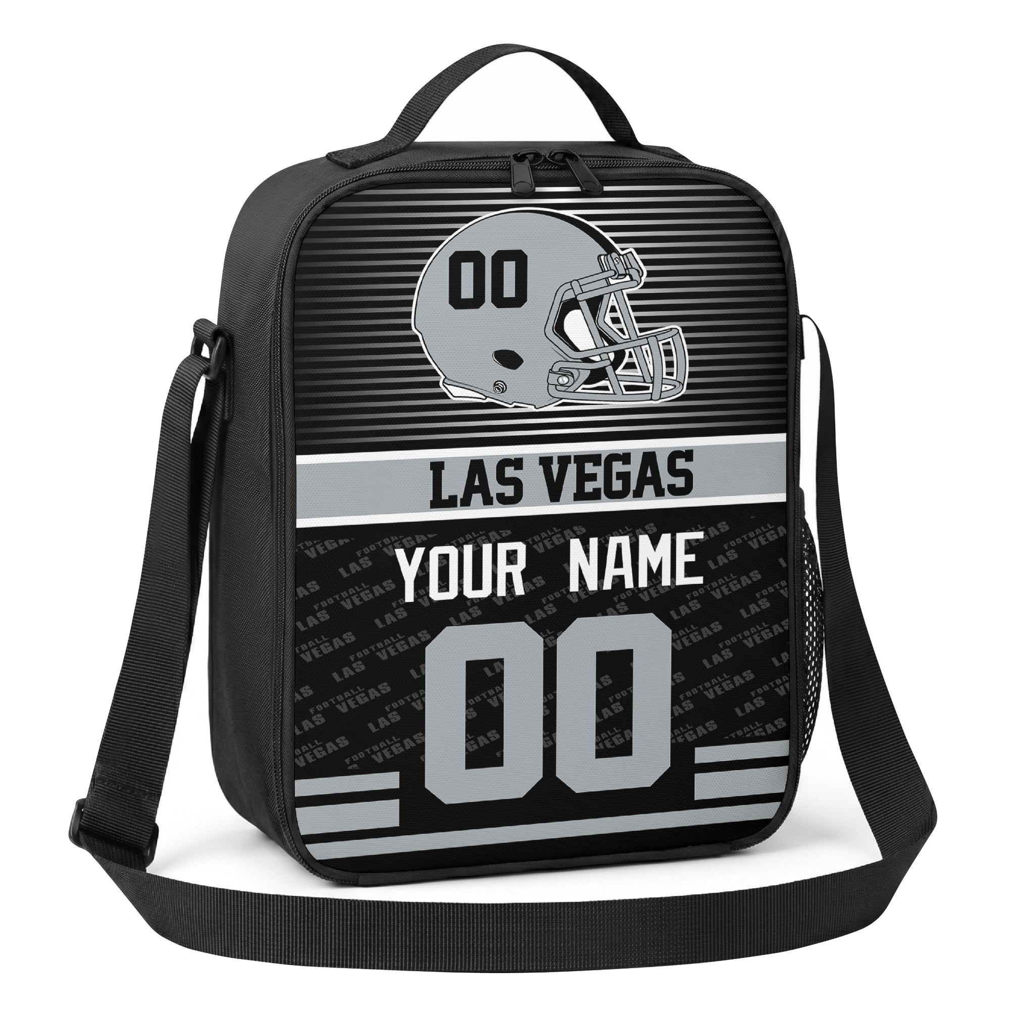 Las Vegas black gray and white striped helmet football shoulder bag angled front view with city stripe and custom name number