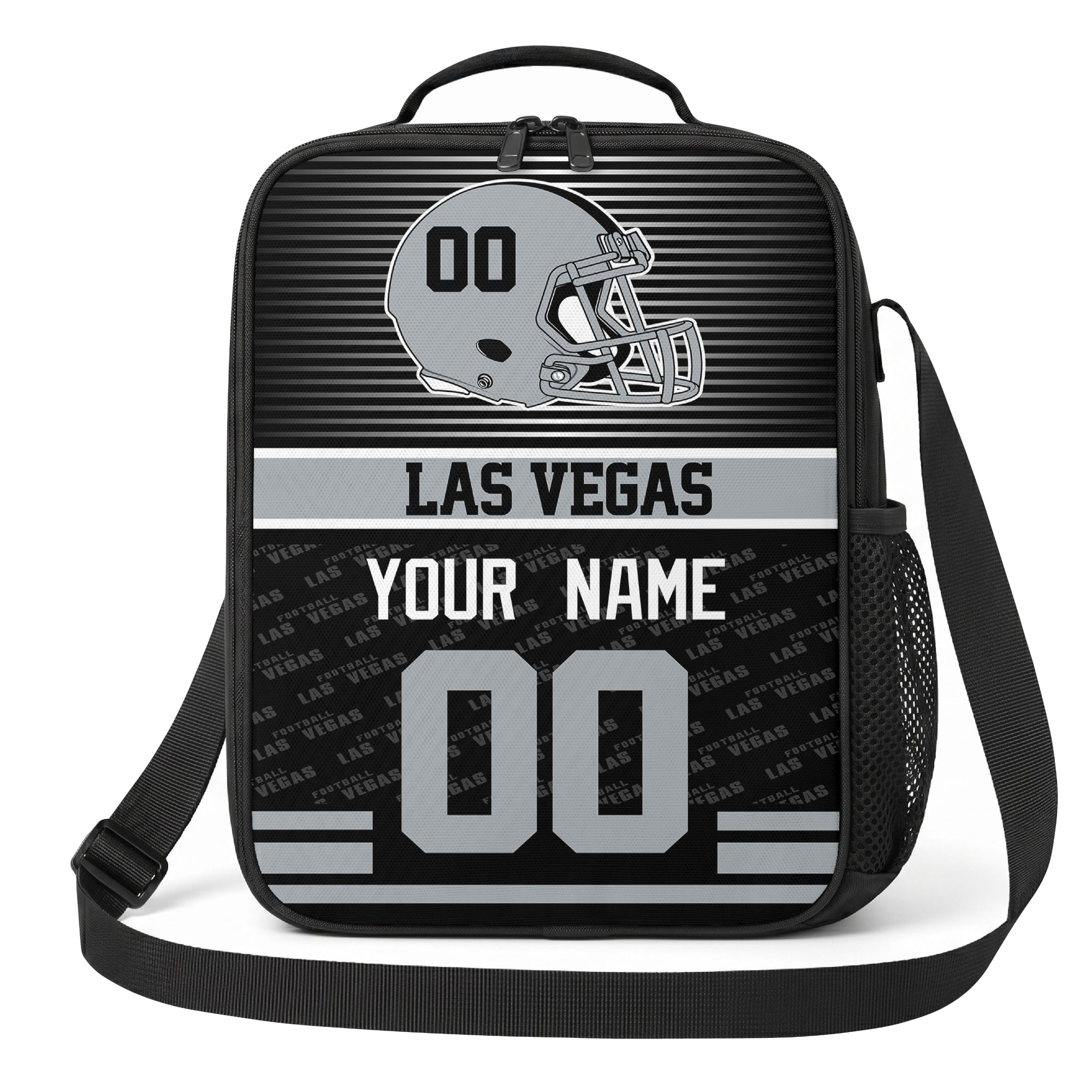 Las Vegas black gray and white striped helmet football shoulder bag alternate angled view with side mesh pocket top handle and shoulder strap