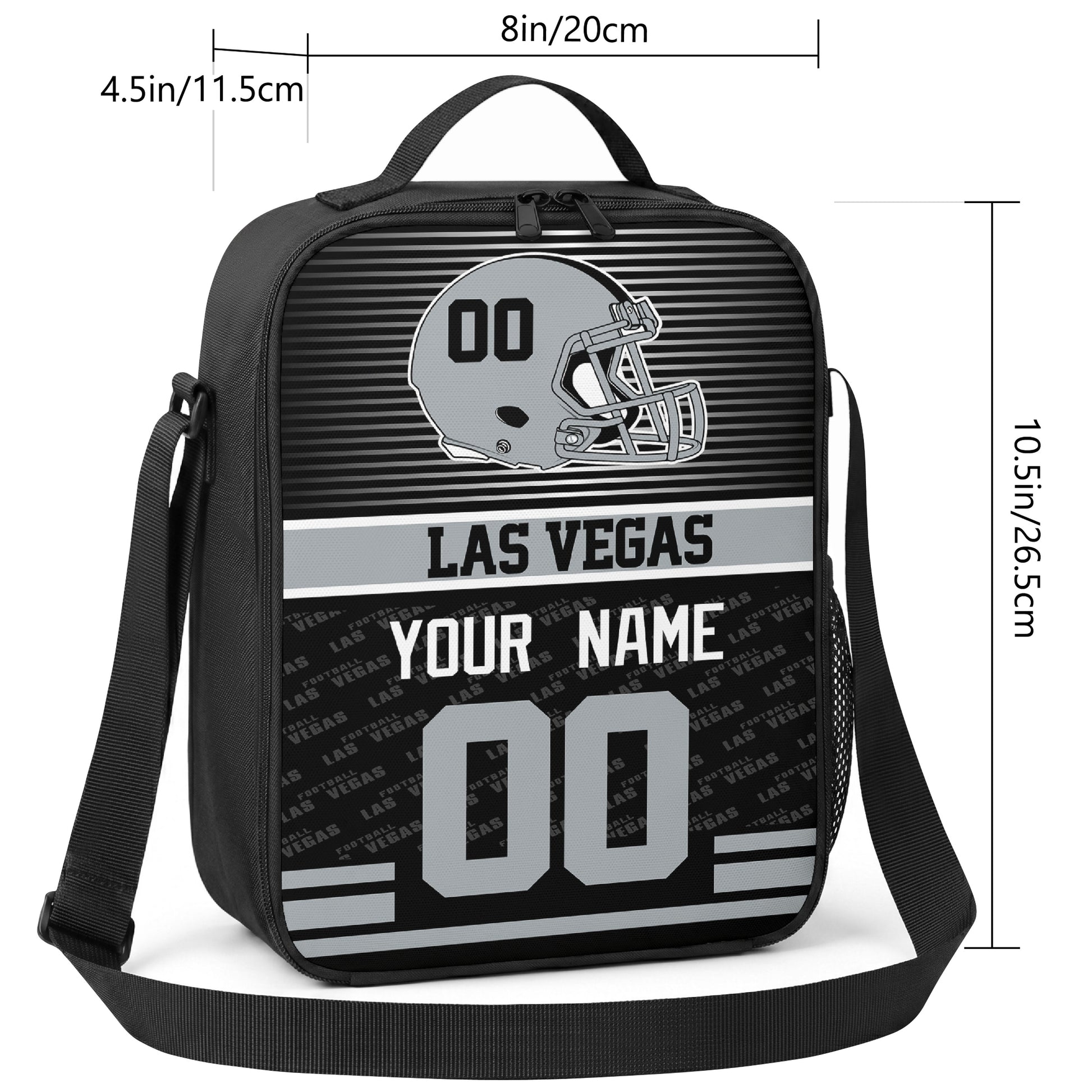 Las Vegas striped helmet football shoulder bag size guide showing 8 inch width 4.5 inch depth and 10.5 inch height