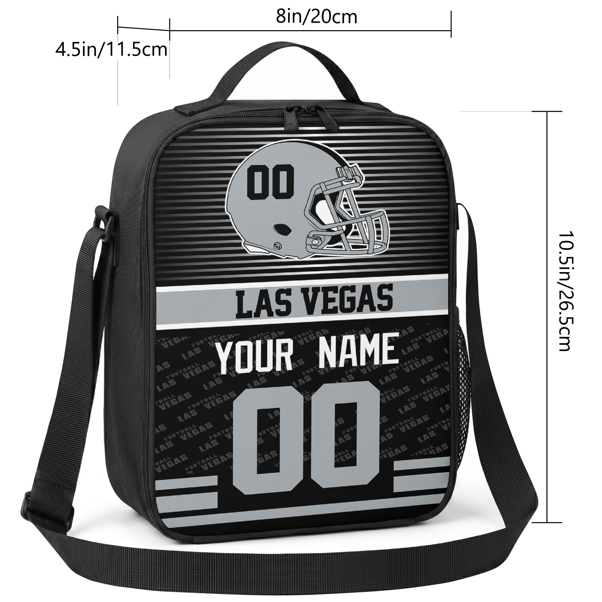 Las Vegas striped helmet football shoulder bag size guide showing 8 inch width 4.5 inch depth and 10.5 inch height