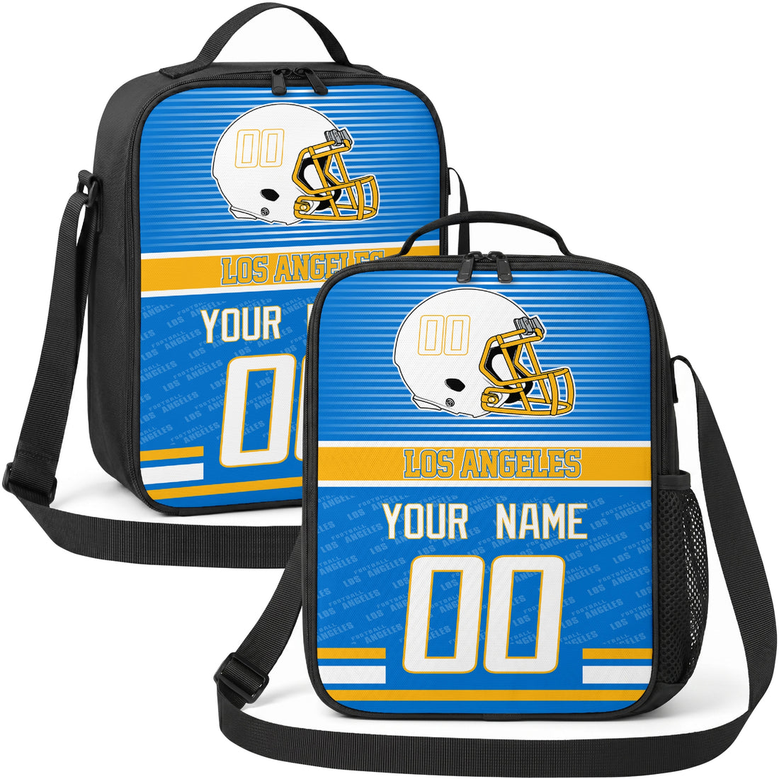 Los Angeles personalized striped helmet football shoulder bag in blue gold and white showing front and angled views with custom name and number