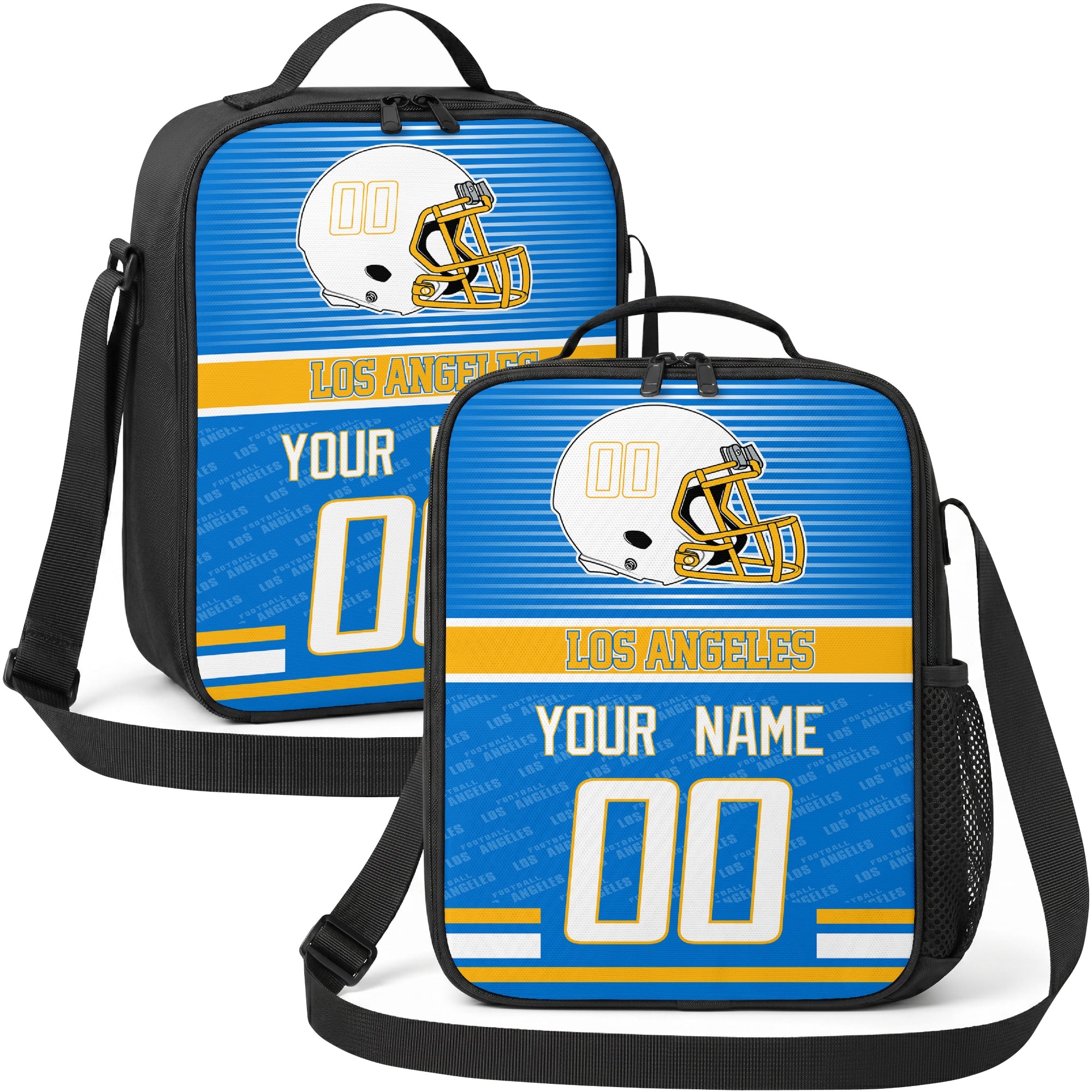 Los Angeles personalized striped helmet football shoulder bag in blue gold and white showing front and angled views with custom name and number