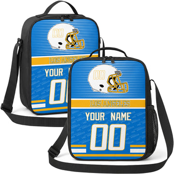 Los Angeles personalized striped helmet football shoulder bag in blue gold and white showing front and angled views with custom name and number