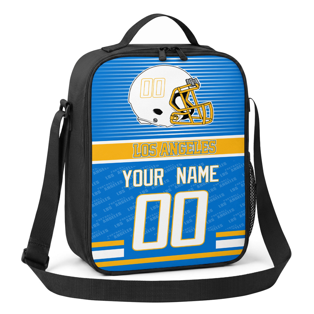 Los Angeles personalized striped helmet football shoulder bag in blue gold and white showing front and angled views with custom name and number