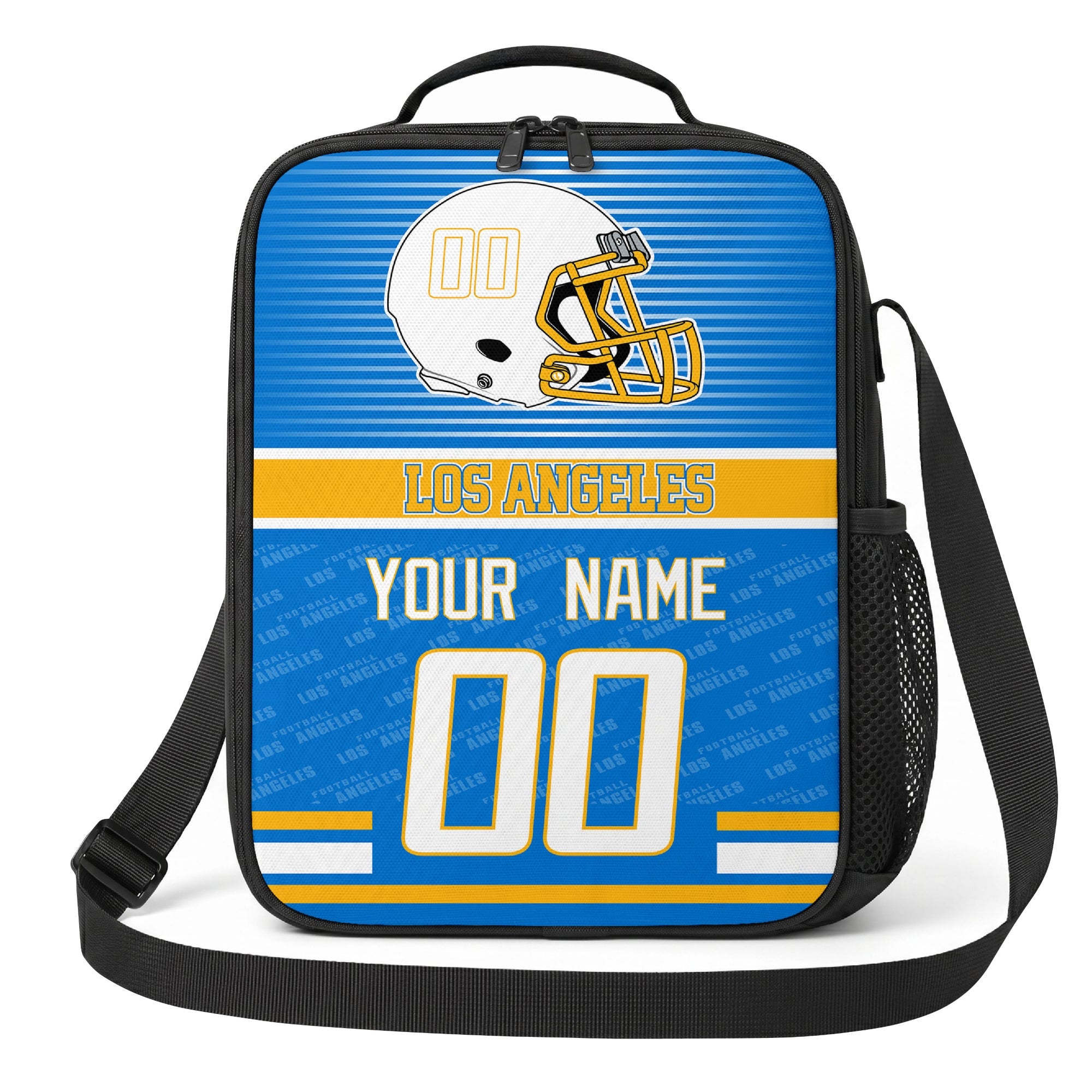 Los Angeles blue gold and white striped helmet football shoulder bag alternate angled view with side mesh pocket top handle and shoulder strap