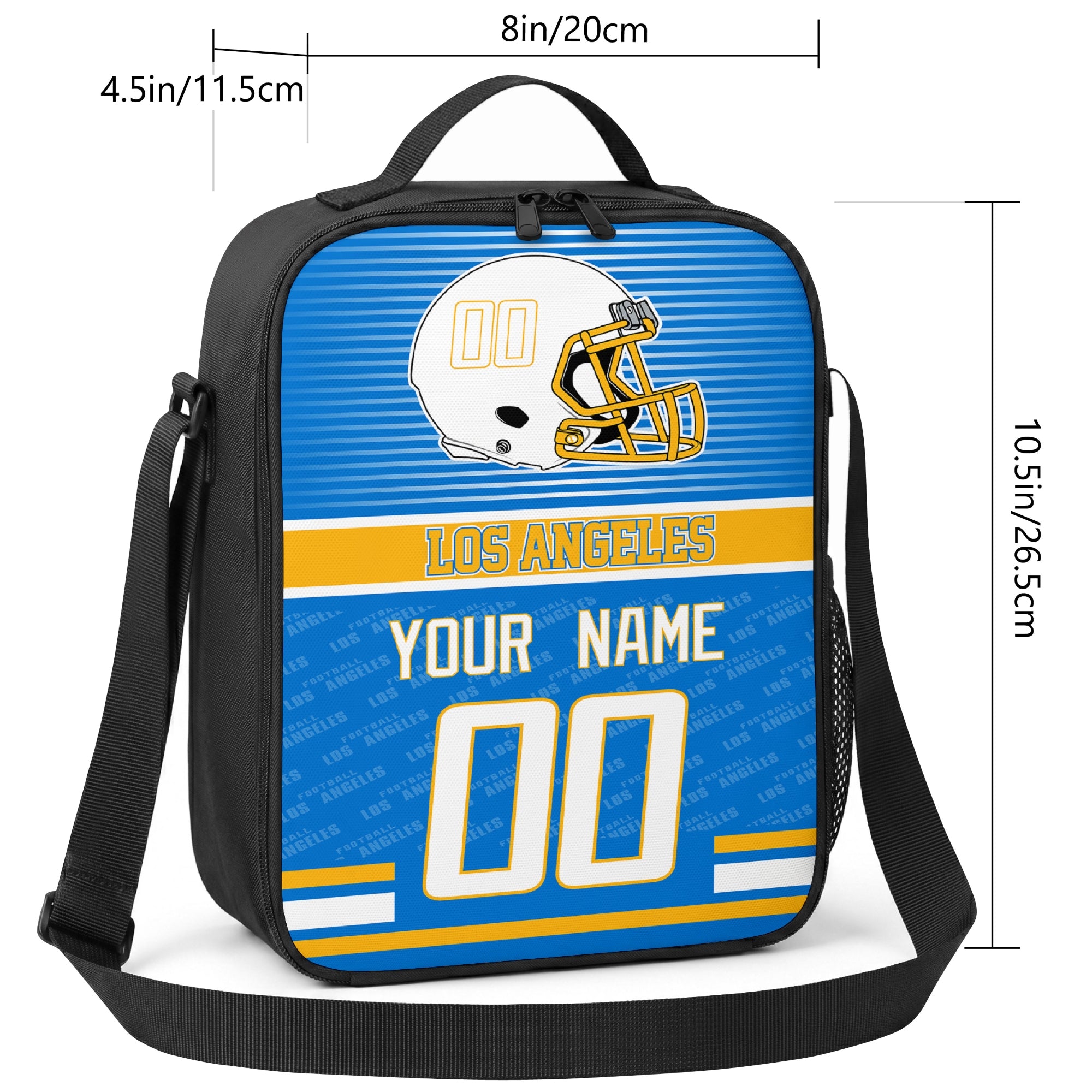 Los Angeles striped helmet football shoulder bag size guide showing 8 inch width 4.5 inch depth and 10.5 inch height