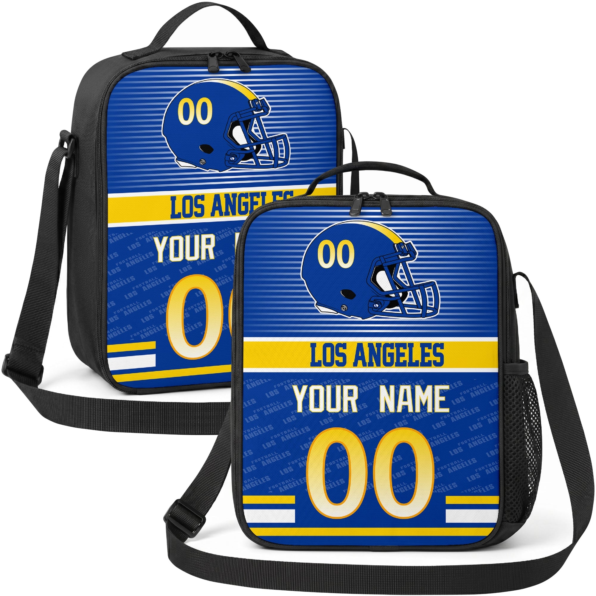 Los Angeles personalized striped helmet football shoulder bag in deep blue gold and white showing front and angled views with custom name and number