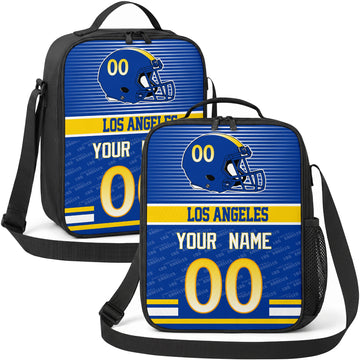 Los Angeles personalized striped helmet football shoulder bag in deep blue gold and white showing front and angled views with custom name and number