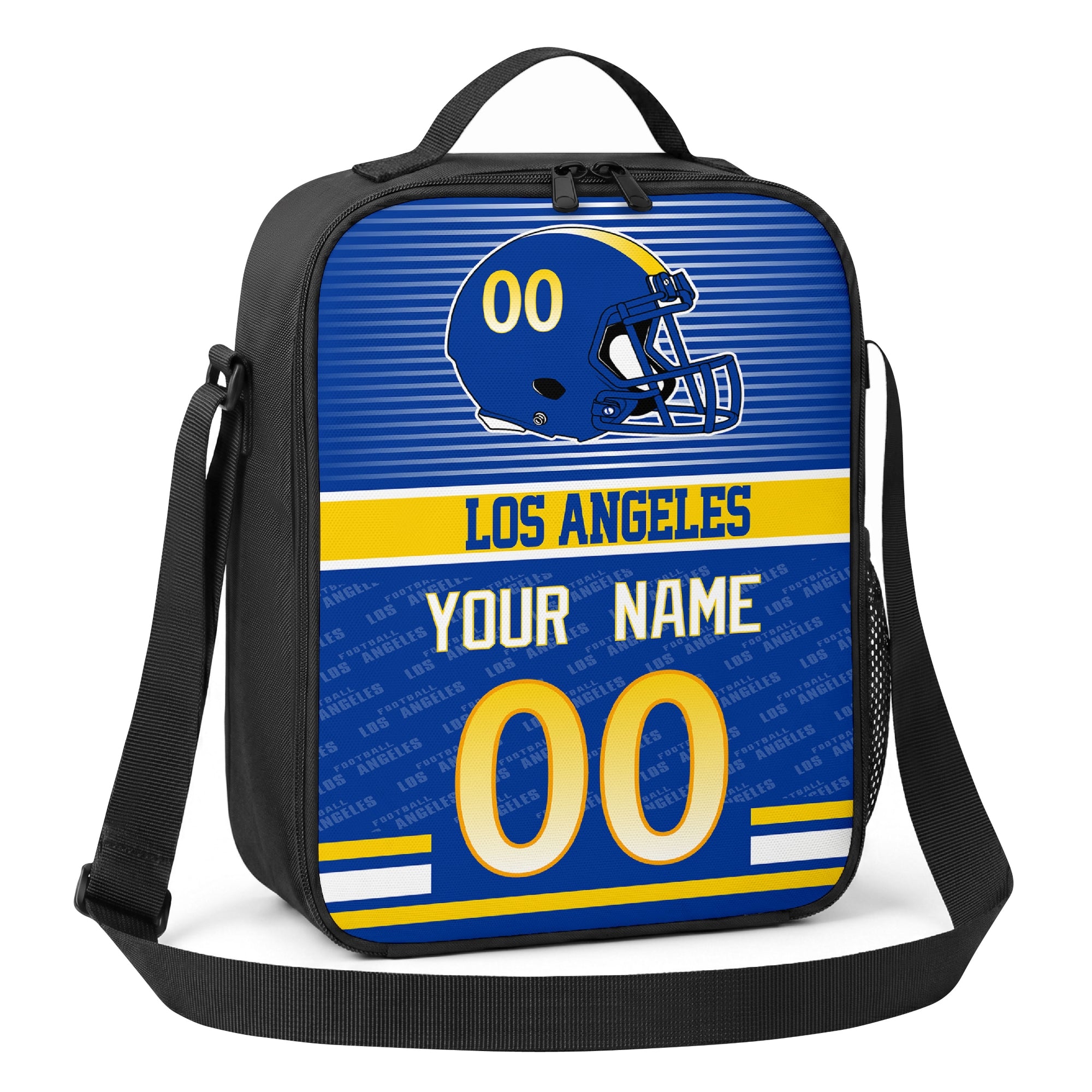 Los Angeles deep blue gold and white striped helmet football shoulder bag angled front view with city stripe and custom name number