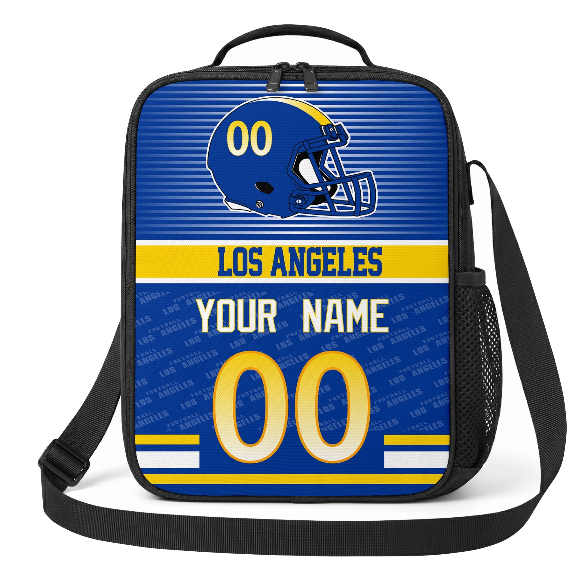 Los Angeles deep blue gold and white striped helmet football shoulder bag alternate angled view with side mesh pocket top handle and shoulder strap