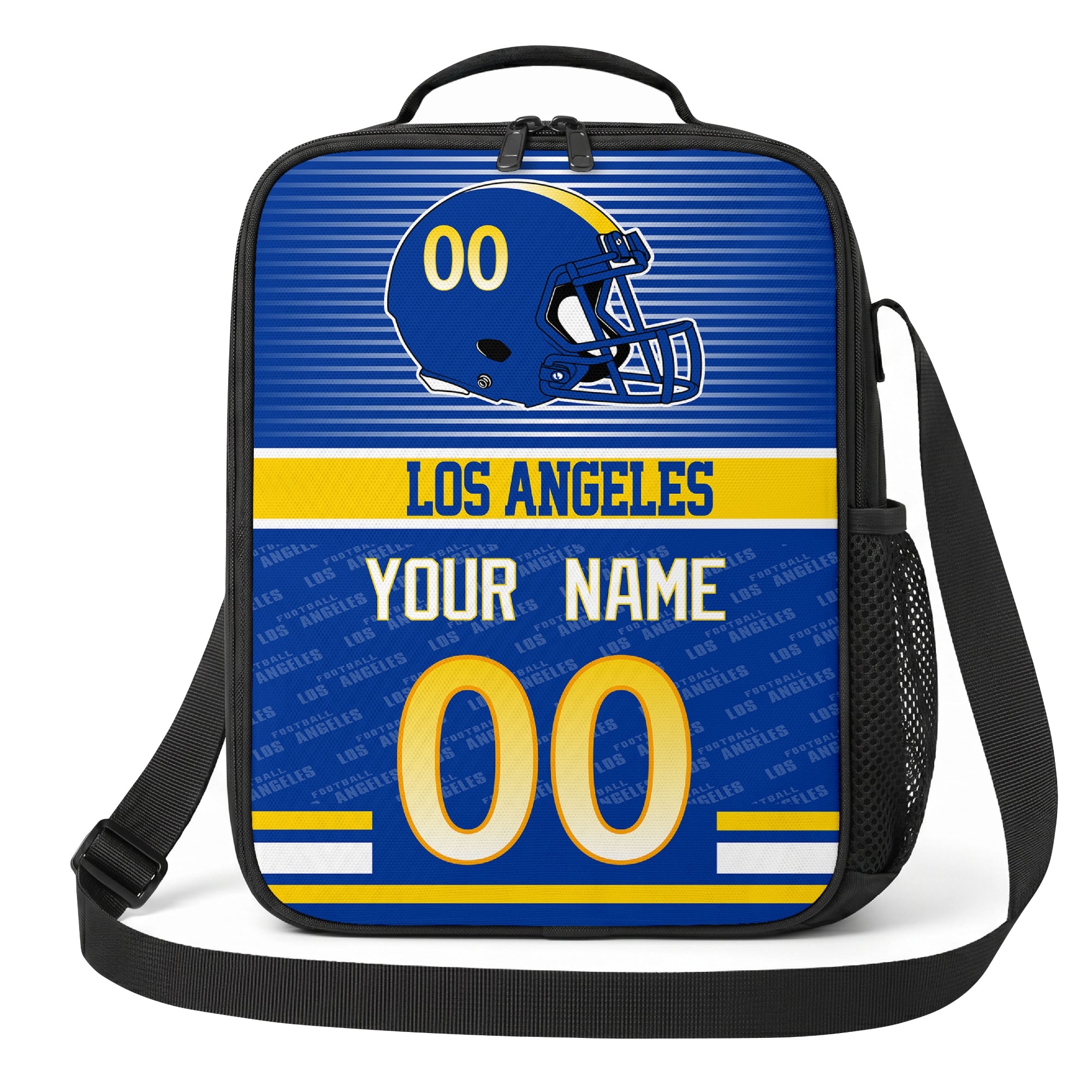 Los Angeles deep blue gold and white striped helmet football shoulder bag alternate angled view with side mesh pocket top handle and shoulder strap