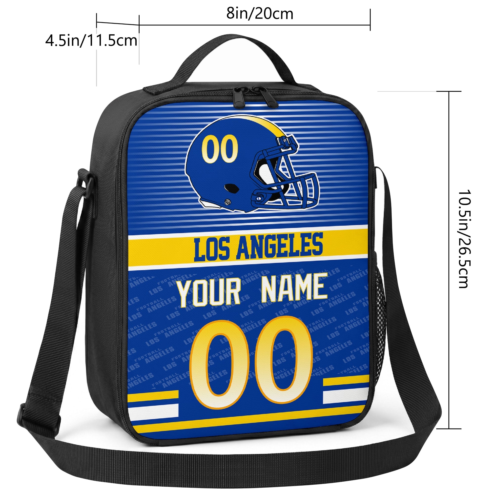 Los Angeles striped helmet football shoulder bag size guide showing 8 inch width 4.5 inch depth and 10.5 inch height