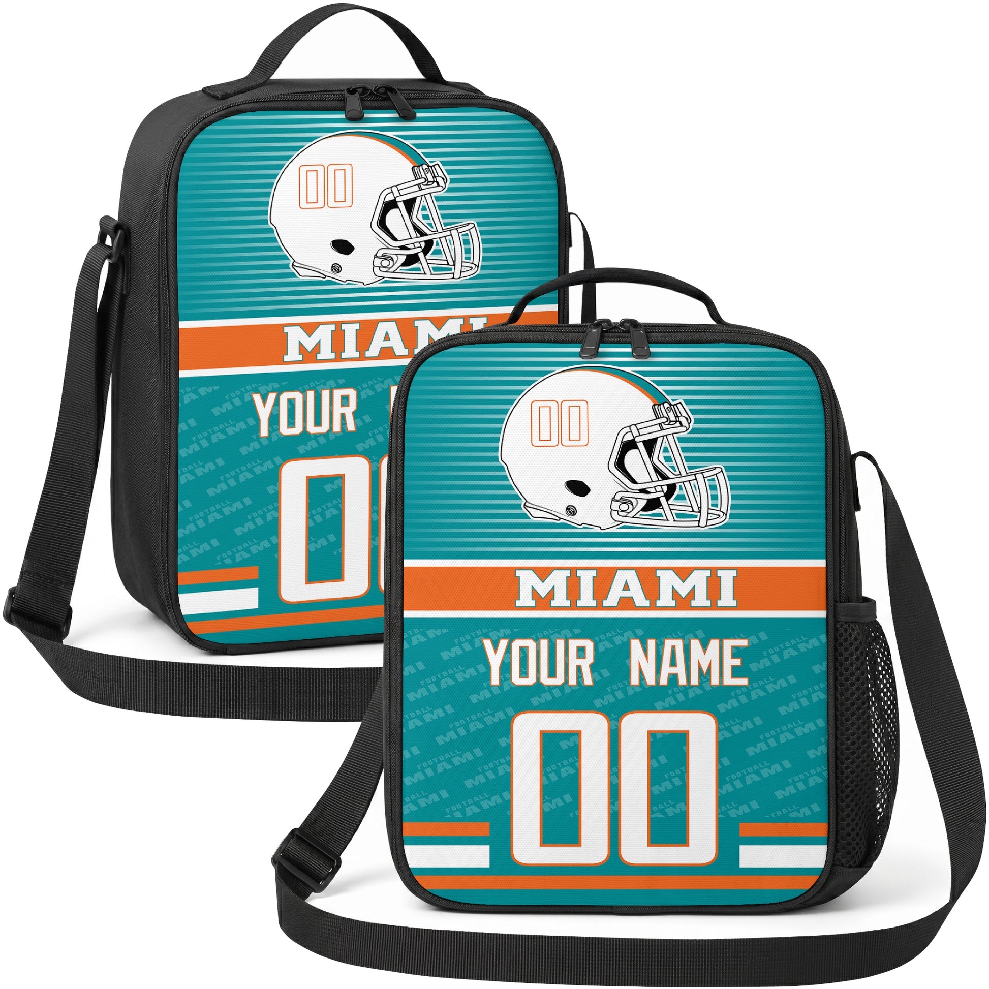 Miami personalized striped helmet football shoulder bag in teal orange and white showing front and angled views with custom name and number