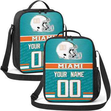 Miami personalized striped helmet football shoulder bag in teal orange and white showing front and angled views with custom name and number